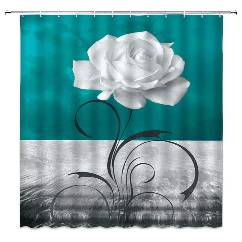 Blue Rose Shower Curtain with White Flowers & Black Abstract Leaves - Modern Gray Dark Teal Bathroom Decor | Quick Dry Fabric with Hooks | Perfect for Contemporary Bathrooms & Spa-Style Showers (White/Grey)