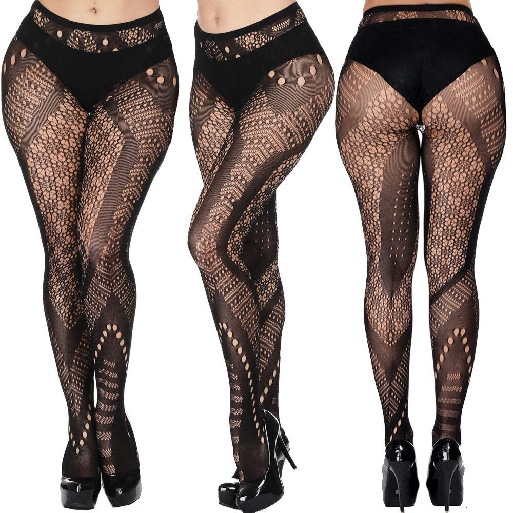 Plus Size Women's Sexy Lace Patterned Tights - Floral Fishnet Stockings High Waist Pantyhose (4 Pairs) for Ladies & Girls | Perfect for Date Night, Cosplay & Fashion Outfits