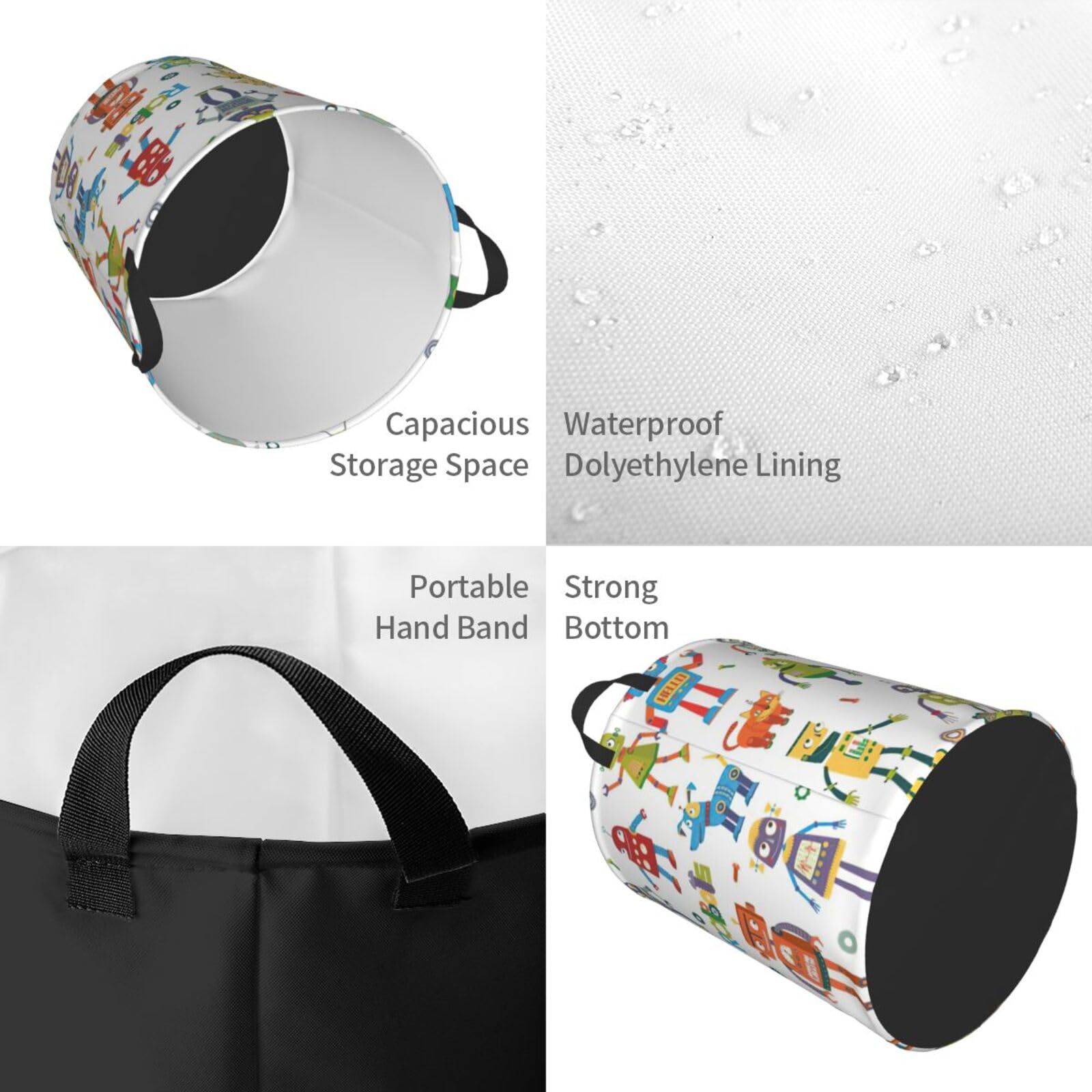 Cartoon Robots Print Round Laundry Basket - Stylish Storage for Clothes, Books & Toys | Perfect for Kids Room, Nursery & Playroom Organization