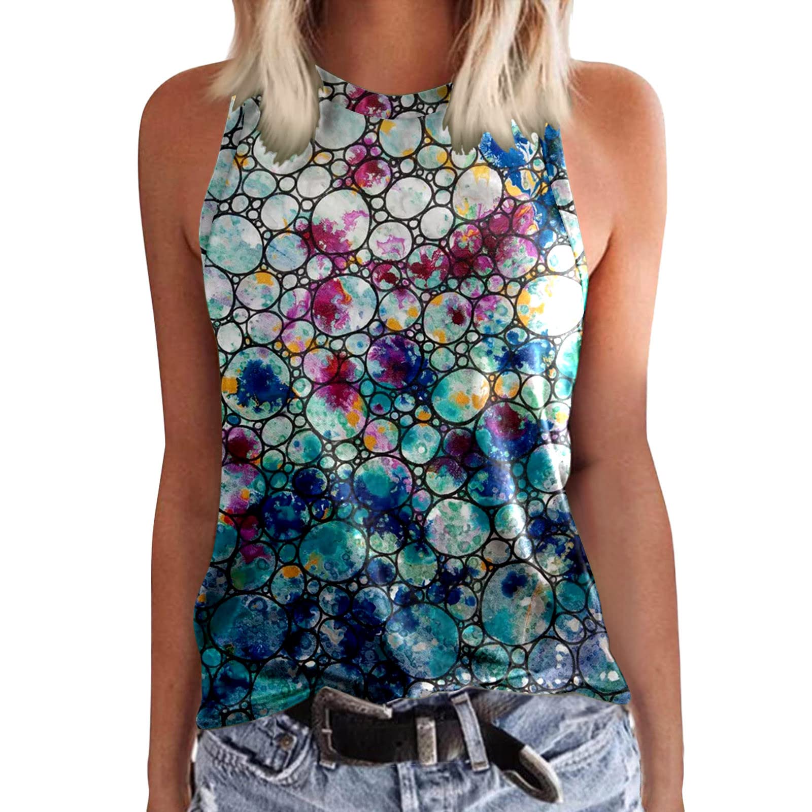 Women's Basic White Crewneck Sleeveless Printed Tank Tops - Loose Fit Casual Summer Tops for Beach, Gym, and Everyday Wear