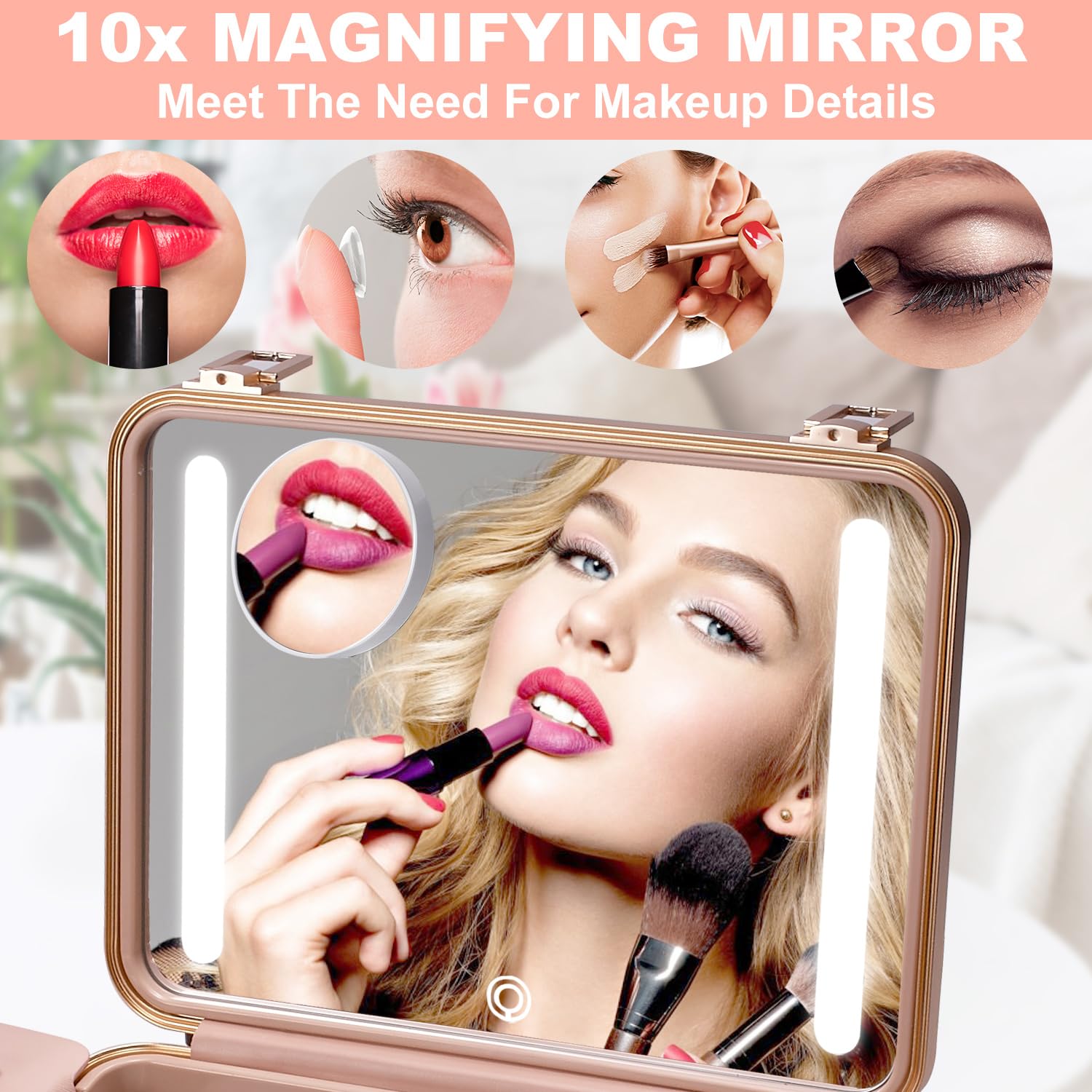 Premium Mocado Travel Makeup Case with LED Lighted Mirror & 8 Brushes - Adjustable Brightness Cosmetic Organizer with 10x Magnifying Mirror & Brush Divider (White) - Perfect for Travel, Home Vanity & Professional Makeup Artists