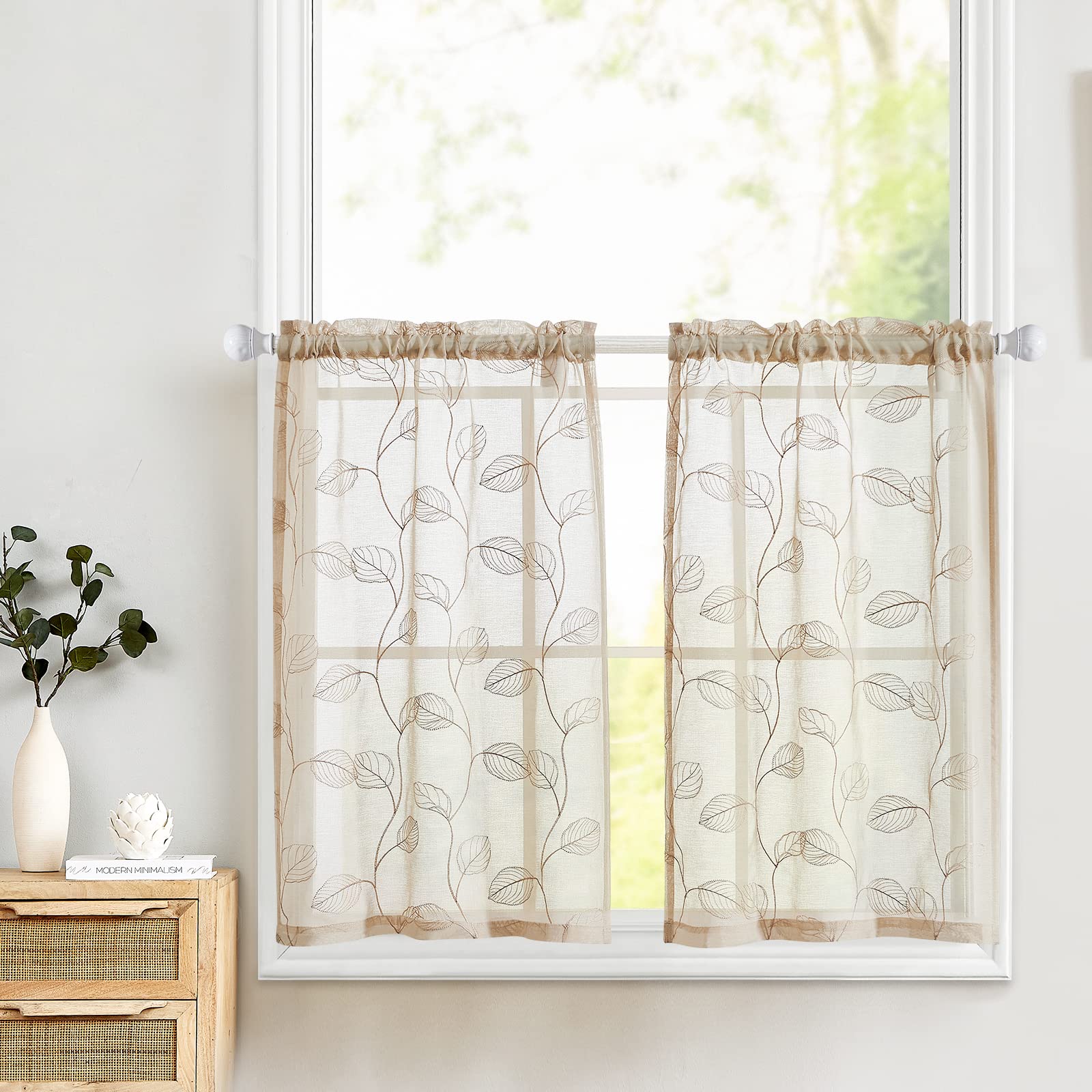 Beige Sheer Kitchen Curtains with Leaf Embroidery - Voile Tiered Window Panels for RV, Camper, Farmhouse, Bathroom & Basement - 36 Inch Rod Pocket, 2 Panels - Perfect for Small Windows, French Doors & Cozy Home Decor