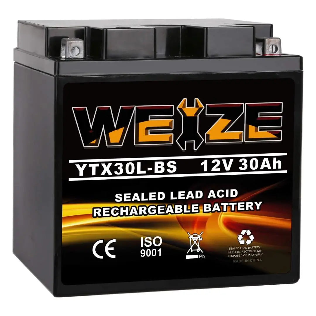 WEIZE YTX30L BS 12V 30Ah Sealed AGM Motorcycle Battery - Replacement for Yuasa YIX30L & ETX30L BS - Maintenance Free, High Performance - Compatible with Harley Davidson, Polaris Sportsman - Perfect for Cruisers, ATVs, and Off-Road Vehicles