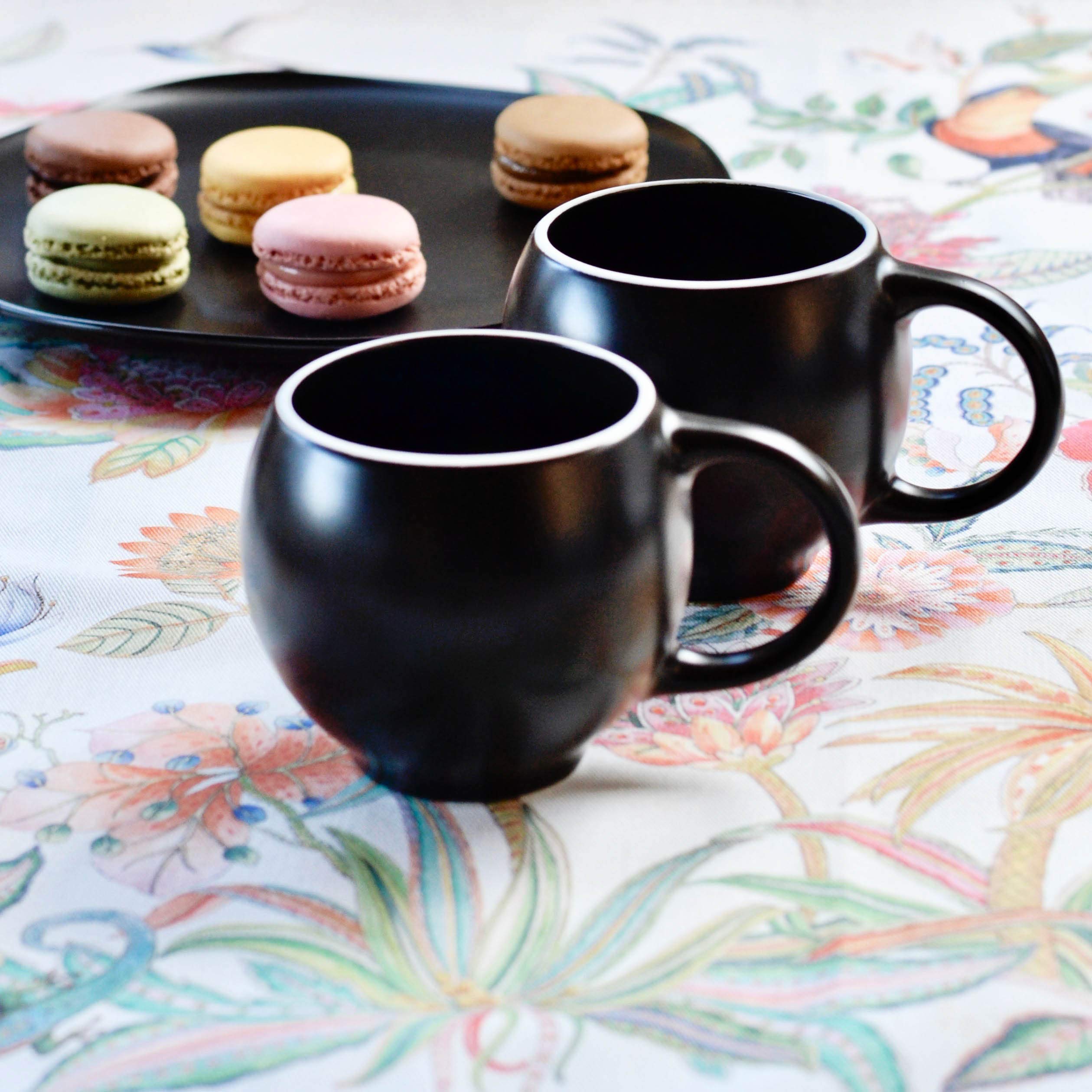 Premium Black Matte Stoneware Ceramic Tea Cups with White Rims - 7oz Specialty Cappuccino, Coffee & Tea Cups Set of 2 - Perfect for Home, Cafe, Office & Gift Giving