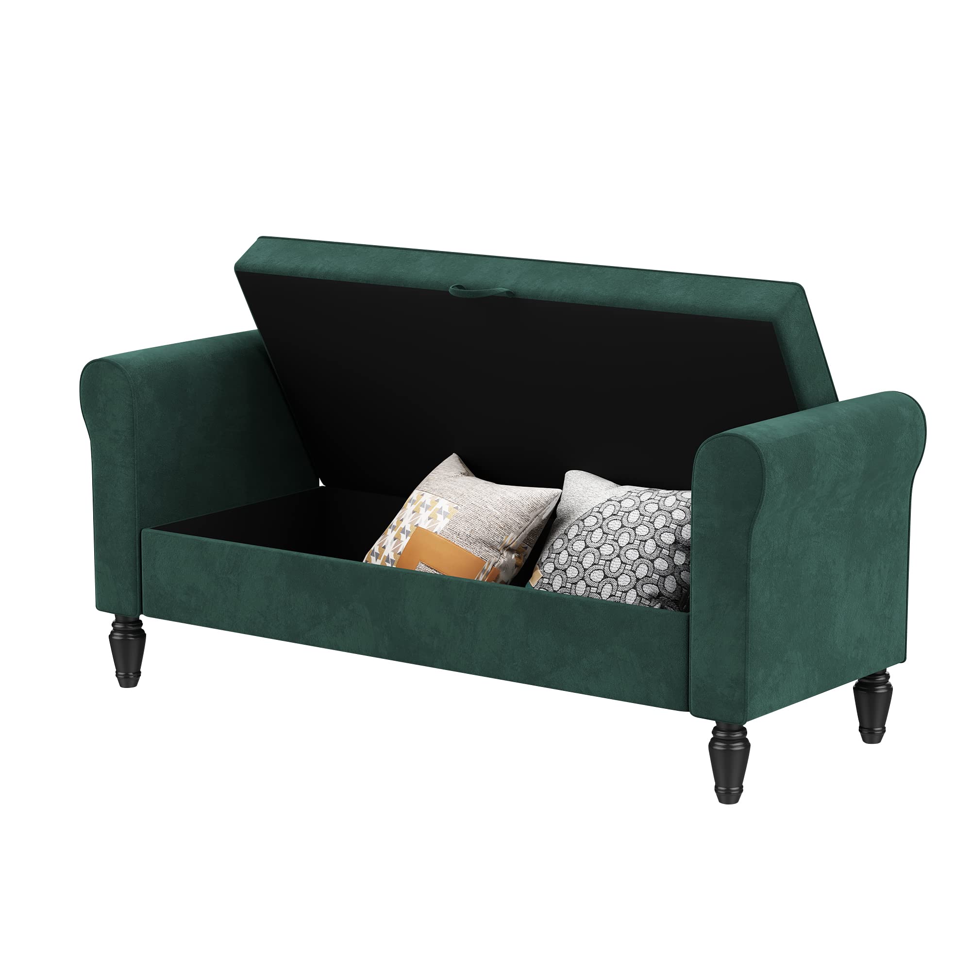 Alunaune Velvet Upholstered Storage Bench - Modern Rolled Arm Ottoman for Bedroom, Living Room & Entryway - Green | Bed Seat, Couch End Bench, Settee with Hidden Storage Compartment | Perfect for Small Spaces, Home Decor & Extra Seating