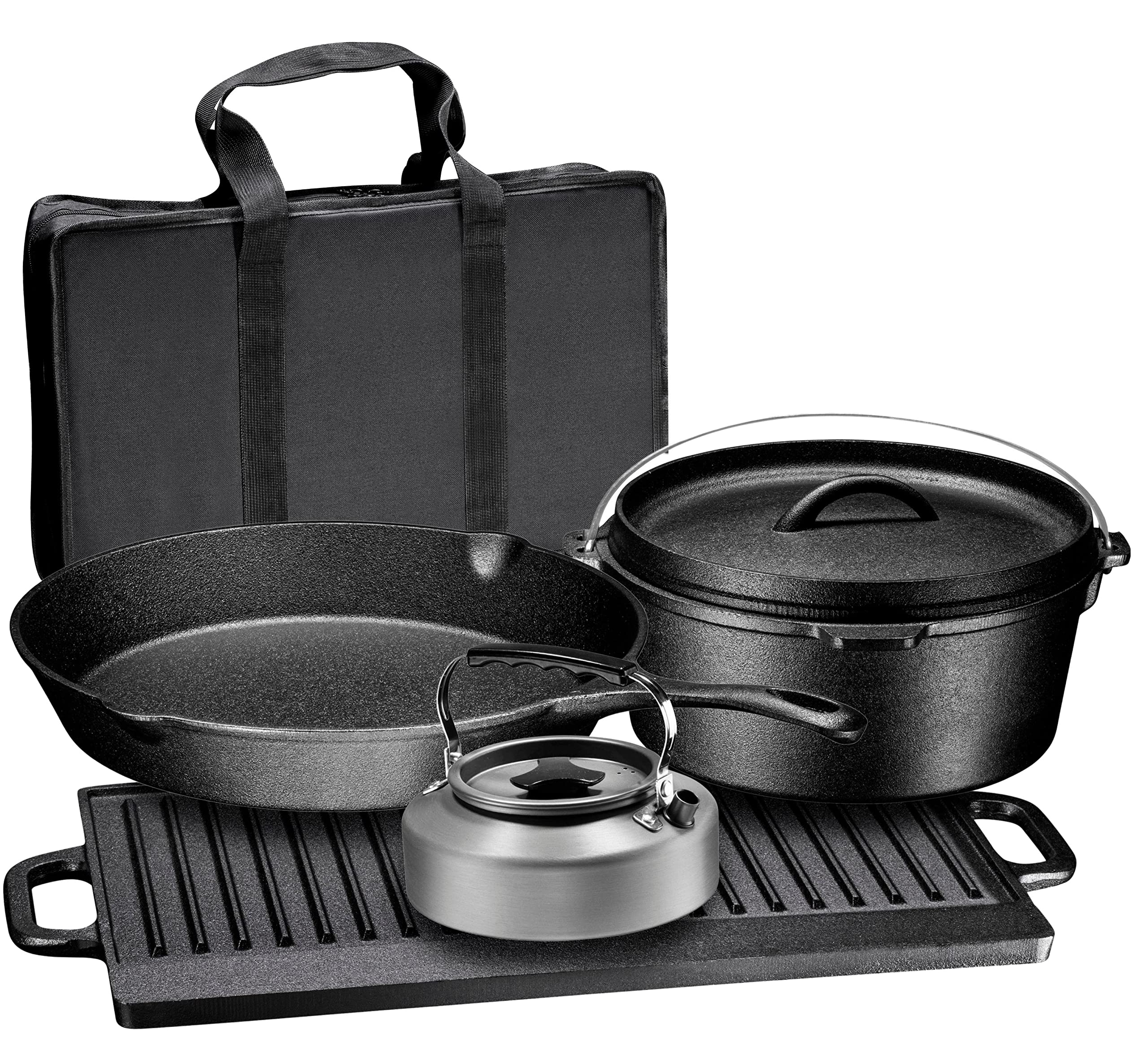 Bruntmor Pre-Seasoned Heavy Duty Cast Iron Dutch Oven Camping Cooking Set with Travel Bag - 5 Piece Cast Iron Cookware for Outdoor Camping, Picnics, Backpacking & RV Trips