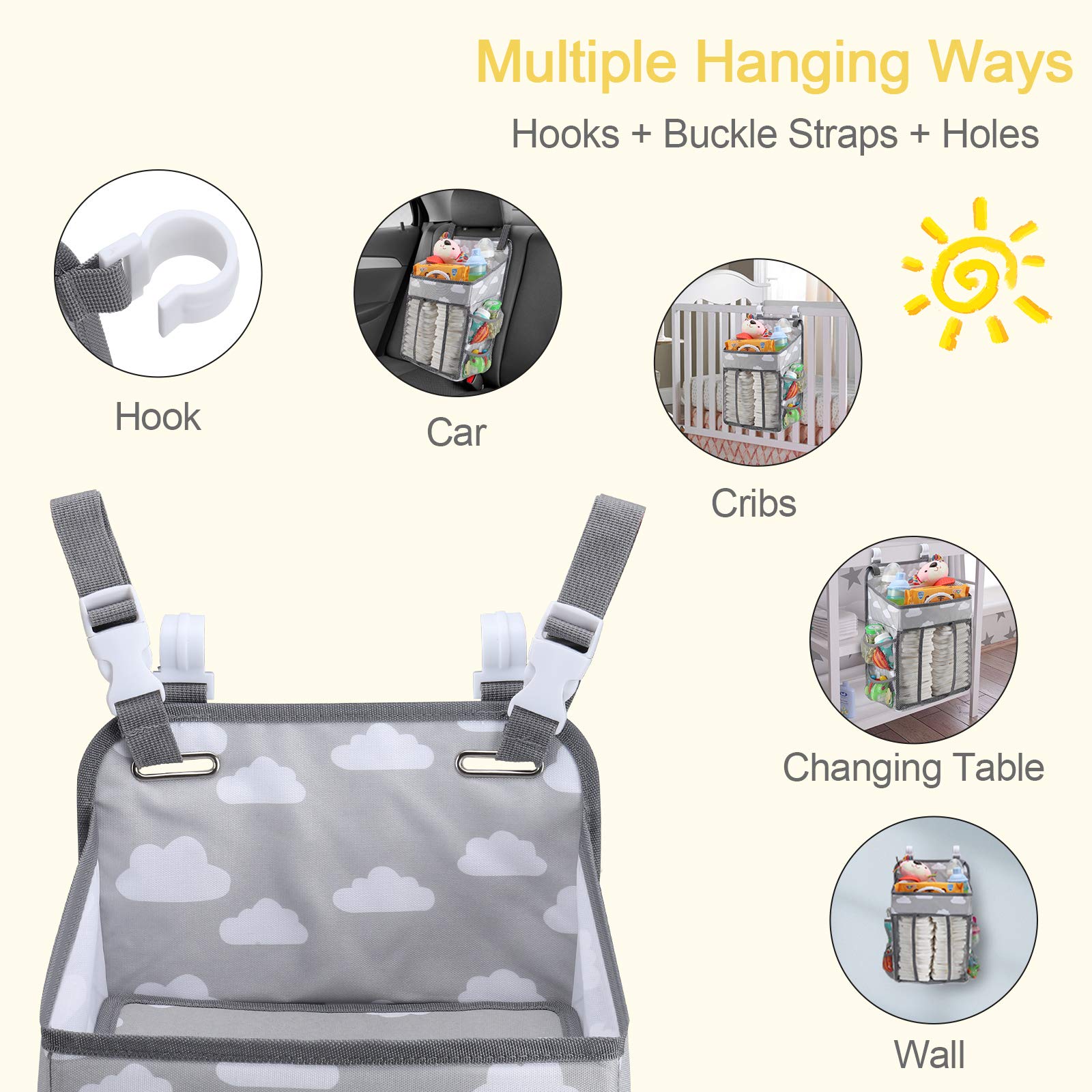Accmor Hanging Baby Diaper Caddy Organizer - Diaper Stacker & Nursery Storage Bag for Changing Table, Crib, Playard or Wall - Perfect for Baby Essentials Organization (Grey Cloud) - Ideal for Nursery, Bedroom & On-the-Go Parenting