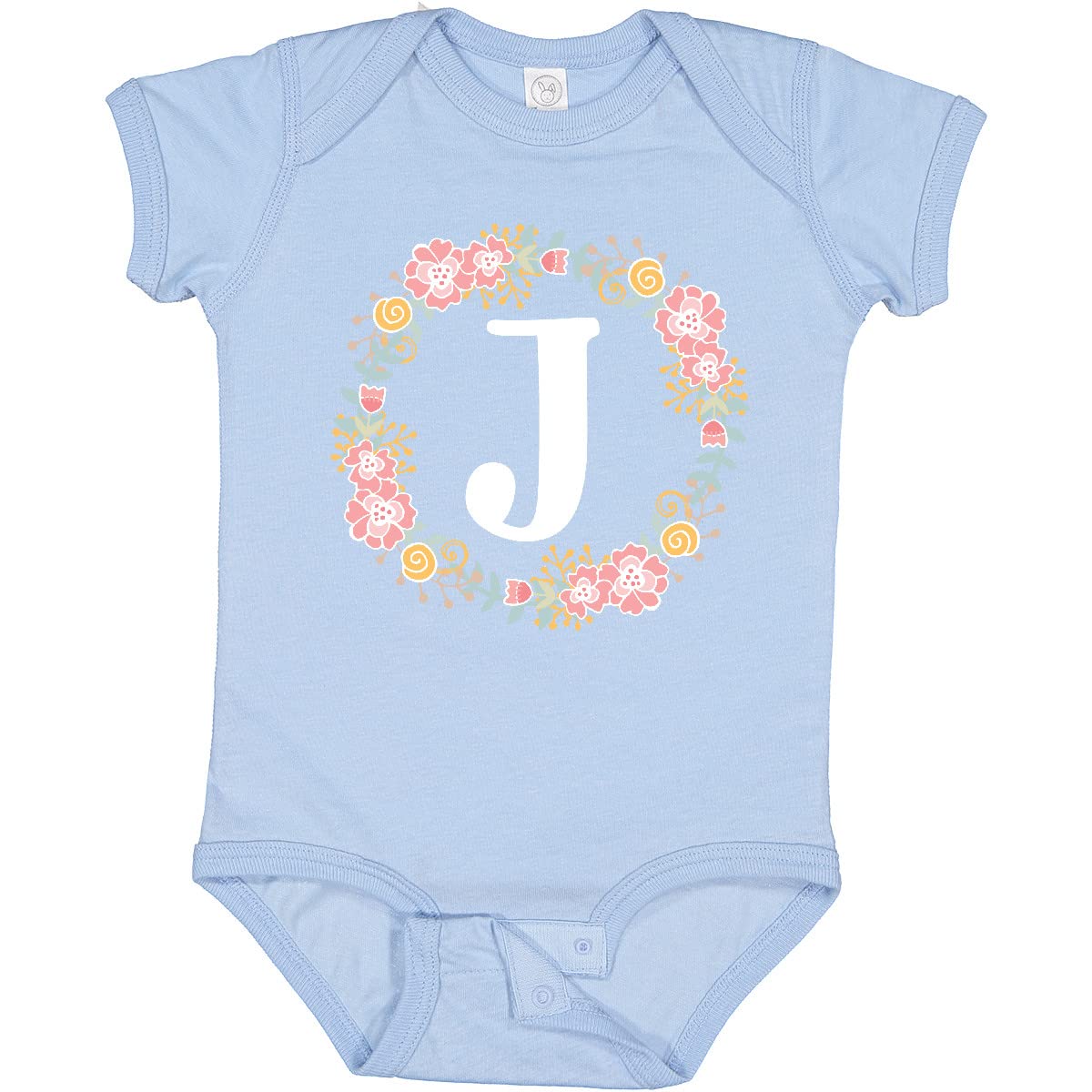 Inktastic Monogram Letter J Floral Rose Wreath Baby Bodysuit - Cute Personalized Outfit for Newborns, Infants & Baby Showers | Soft Cotton Onesie for Boys & Girls | Perfect Gift for Birthdays, Christenings & Family Photos