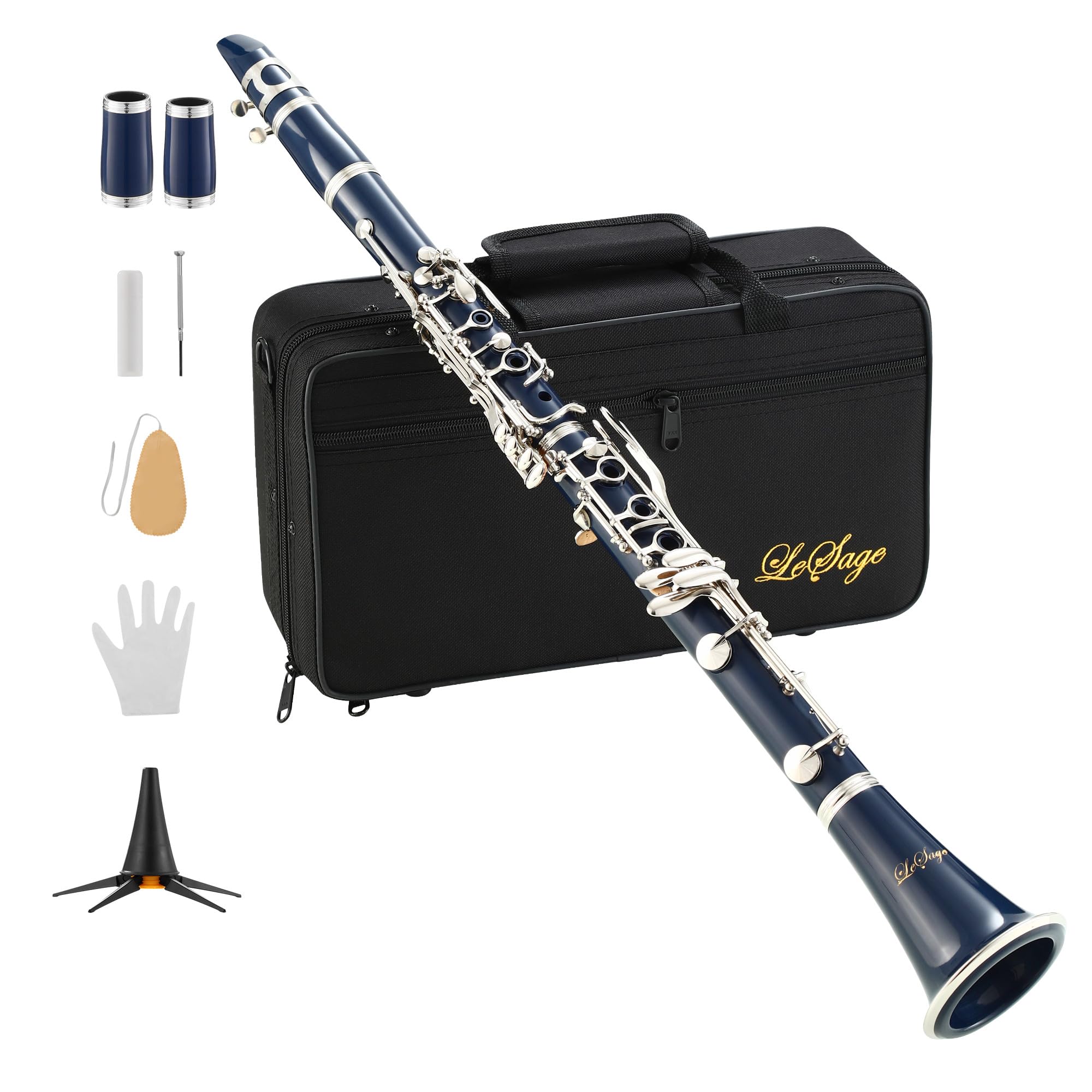 **LeSage Bb Clarinet for Beginners - Professional Student Clarinet with 2 Barrels, Case & Stand - Perfect for School Band, Practice & Performances**