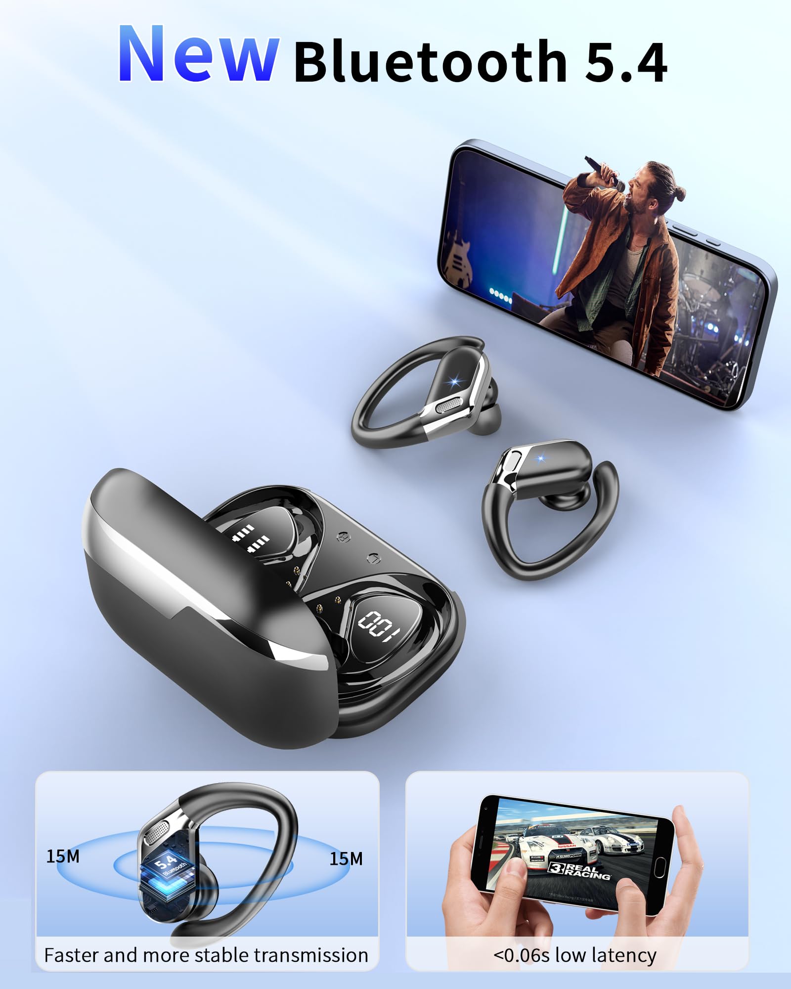 Wireless Bluetooth 5.4 Earbuds with ENC Noise Cancelling Mic - 50H Playtime, Deep Bass, Secure Earhooks & IP7 Waterproof - Perfect for Gym, Running, Workout & Outdoor Sports