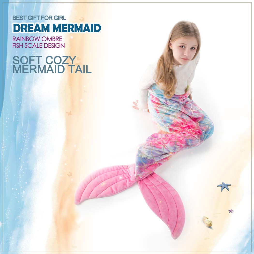 COSUSKET Mermaid Tail Blanket for Girls - Soft Rainbow Plush Microfiber Sleeping Bag with Fish Scale Design | All-Season Cozy Snuggle Blanket for Kids, Teens & Adults | Perfect for Bedtime, Lounging & Photo Shoots