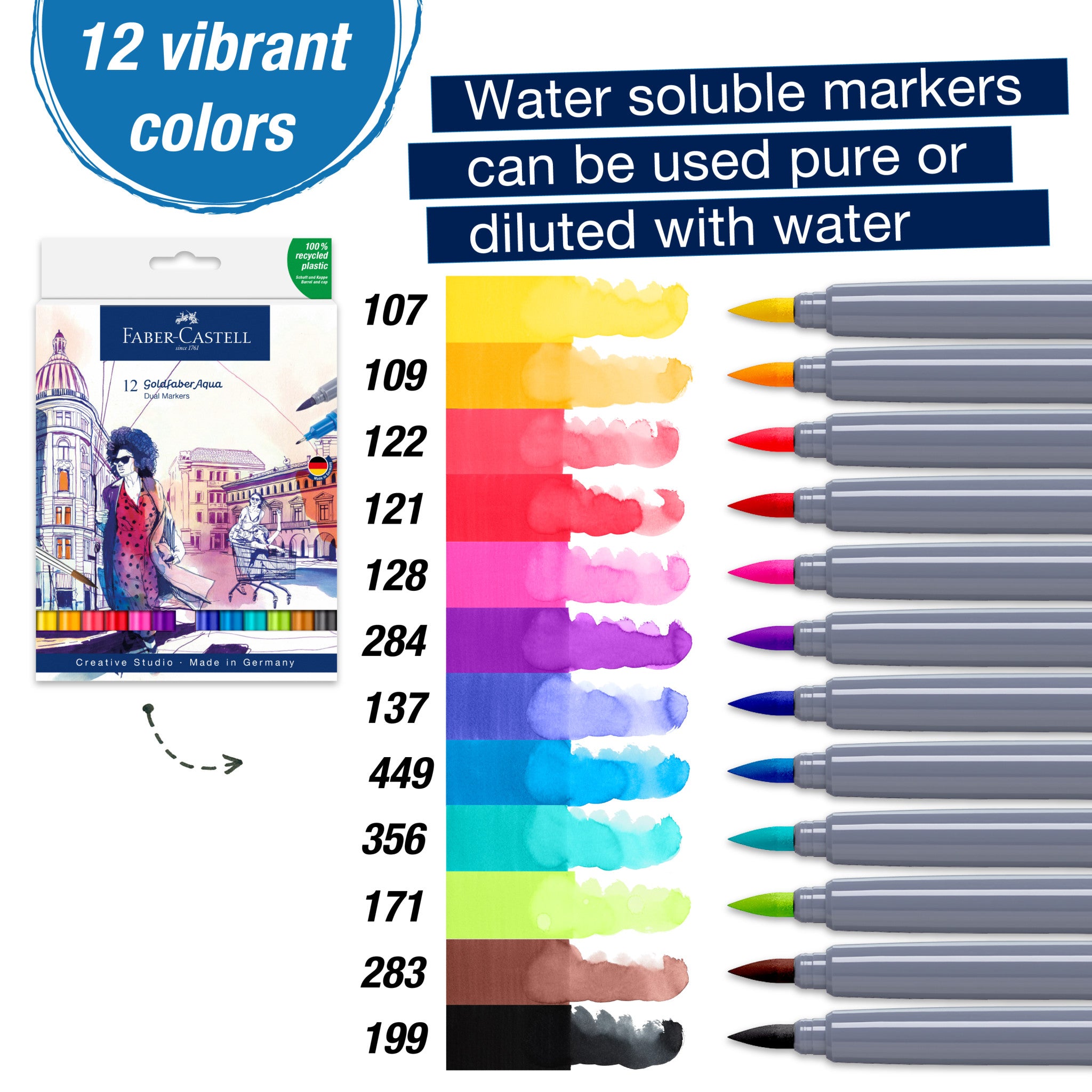 Goldfaber Aqua Dual Markers - Set of 12 Vibrant Watercolor & Calligraphy Markers (#164612) for Artists, Students & DIY Craft Projects