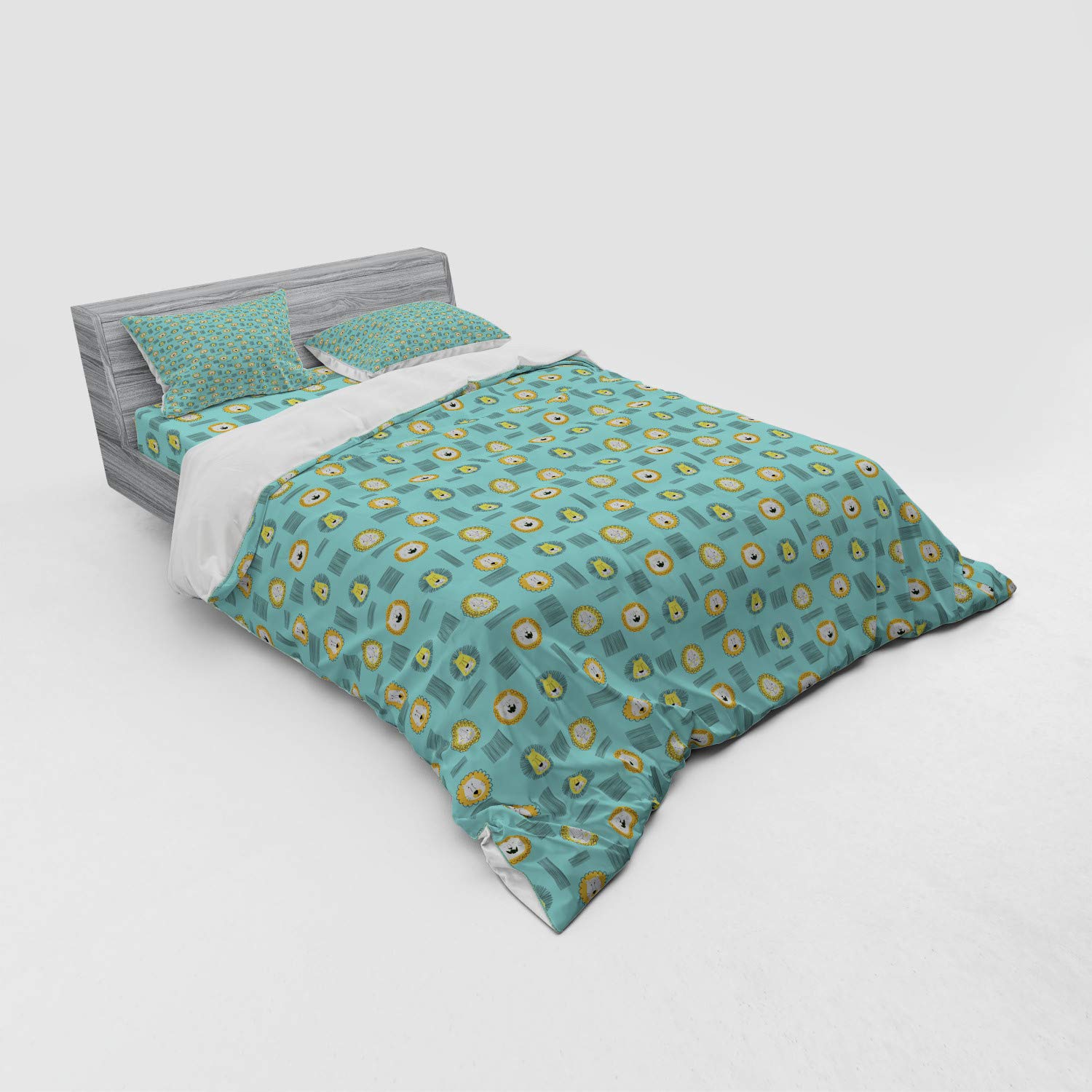 Ambesonne Cartoon Lion Duvet Cover Set - 3 Piece Queen Size Bedding with Sham & Fitted Sheet - Seafoam Mustard Animal Print Design - Perfect for Kids' Rooms, Nursery Decor & Jungle Themed Bedrooms