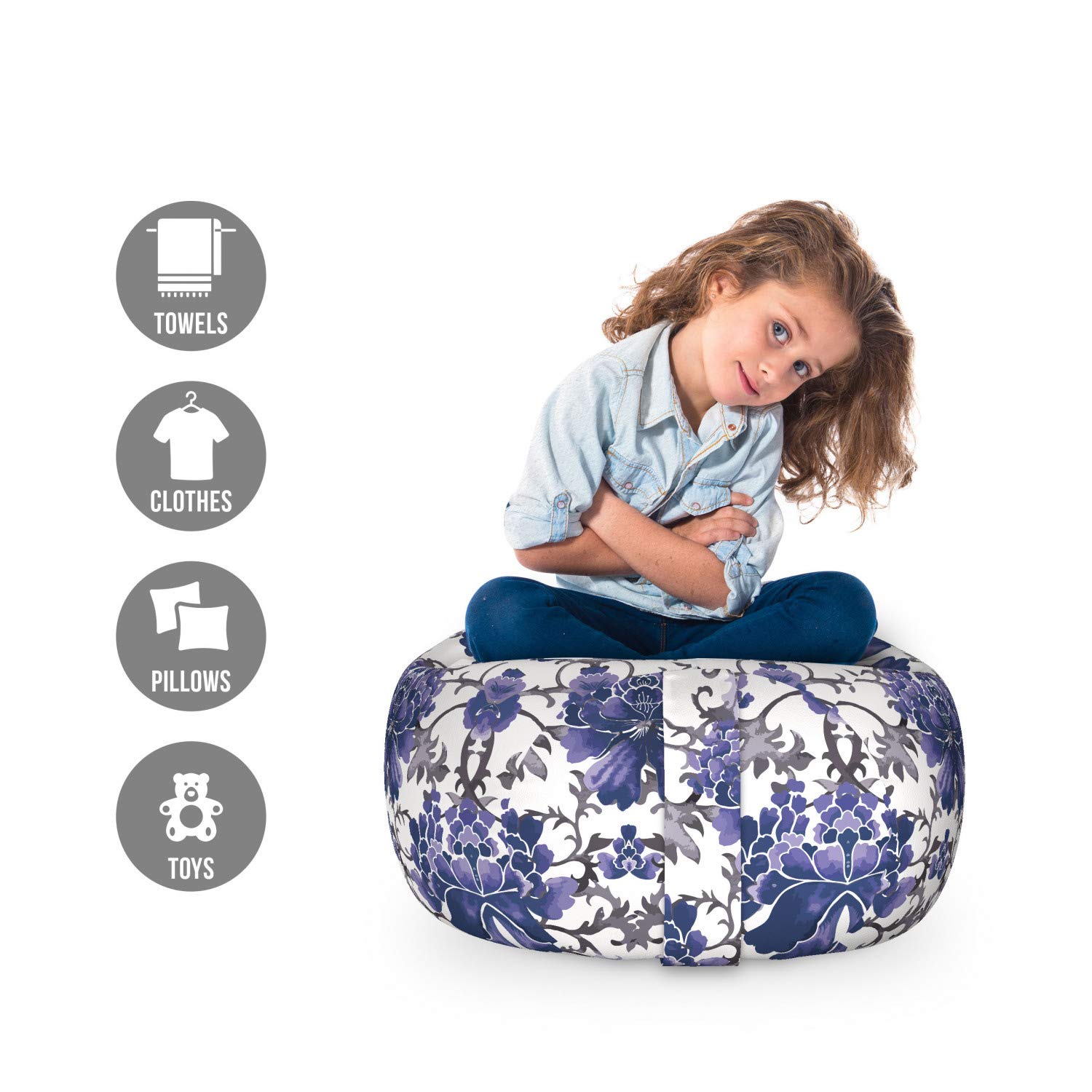 Ambesonne Floral Storage Toy Bag Chair - Washable Stuffed Animal Organizer with Chinese Petal & Stalk Aquarelle Design, Small Size in Lavender Dark Purple | Perfect for Kids' Room, Nursery, or Playroom Organization