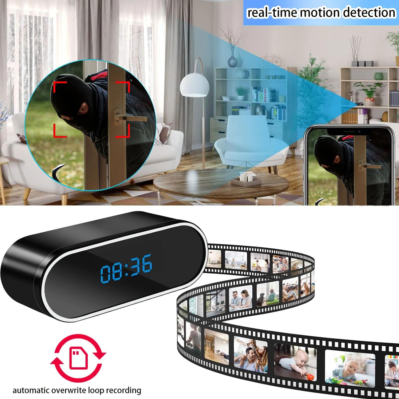 FKINGLRK WiFi Wireless Spy Camera HD 1080P - Hidden Clock Camera with Motion Detection & Night Vision - Indoor Security Cam for Home, Office, Baby Monitor and Nanny Surveillance
