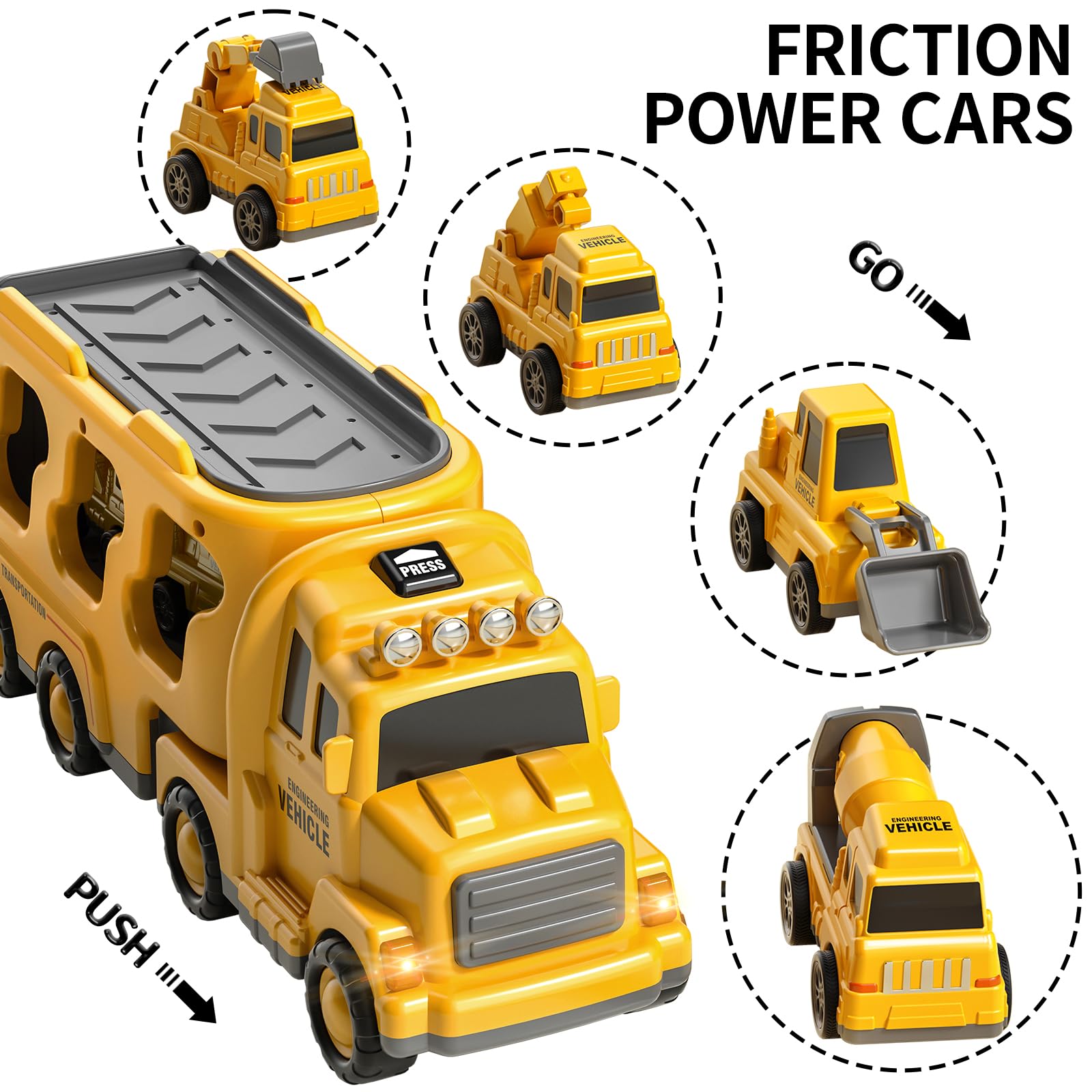 TEMI Construction Truck Toy Set for Kids Ages 3-7 - Engineering Vehicle Carrier with Excavator & Crane - STEM Learning Toys for Boys & Girls - Perfect for Birthday Gifts & Pretend Play Construction Site Scenes