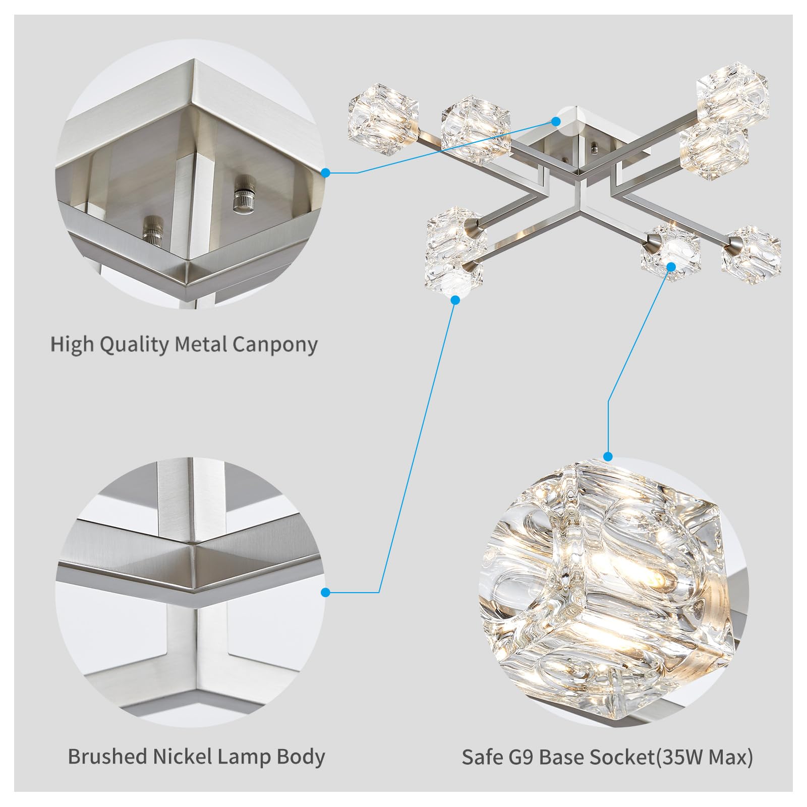 XINGQI 8-Lights Modern Semi Flush Mount Ceiling Light Fixture - Brushed Nickel Sputnik Chandelier for Dining Room, Living Room, Kitchen, Bedroom & Entryway - Elegant Lighting Solution for Home Decor & Interior Design