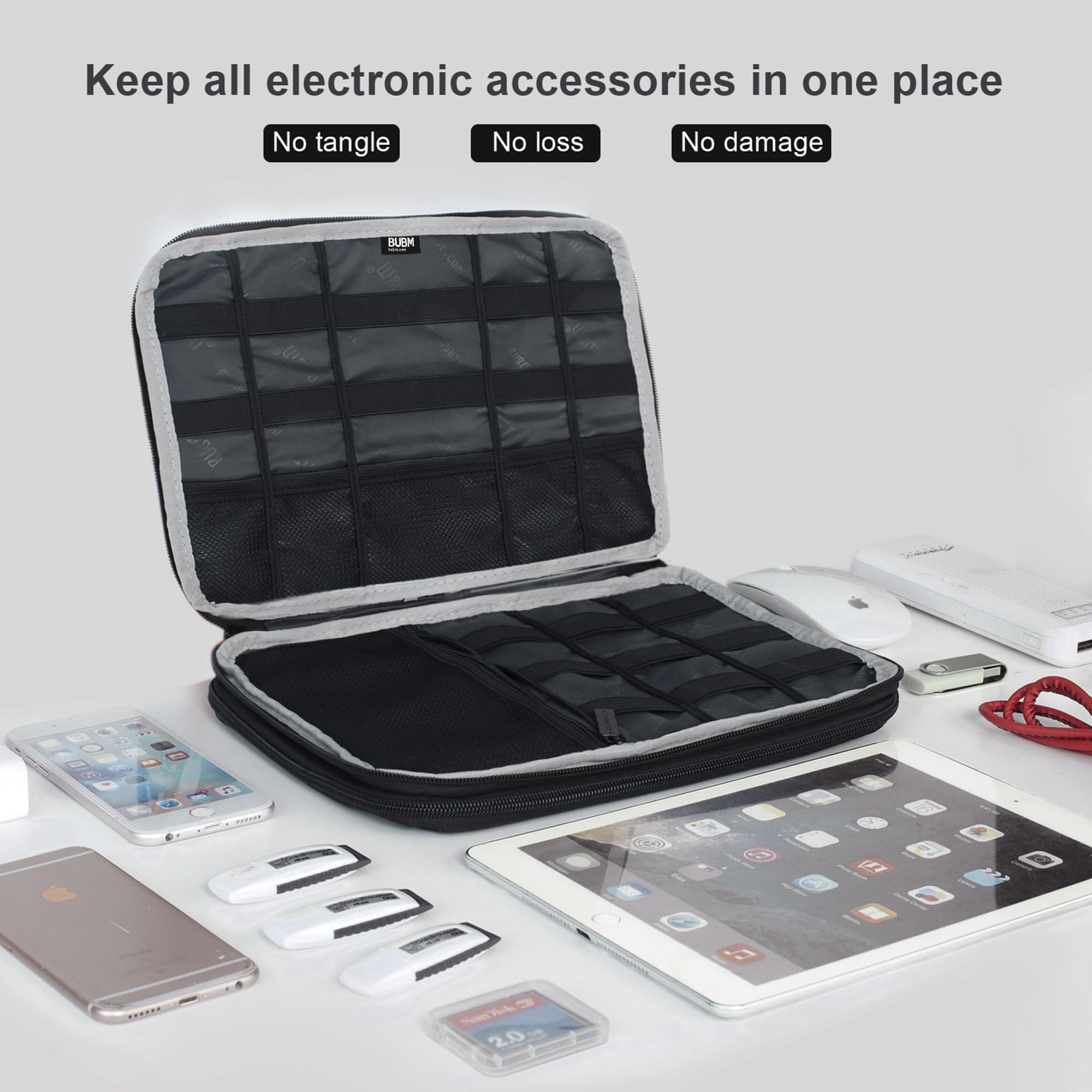 BUBM Double Layer Electronics Organizer Bag - Travel Gadget Storage for Cables, Memory Cards, Flash Drives & Accessories - Fits iPad/Tablet up to 9.7