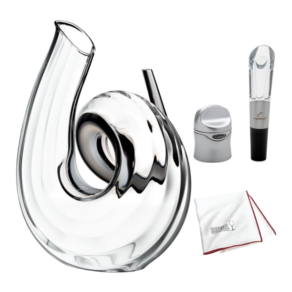 Premium Riedel Decanter Curly Fatto A Mano Wine Set - Includes Large Microfiber Polishing Cloth, Aerator & Sealer (3-Piece Gift Bundle) - Perfect for Wine Tasting, Gifts & Home Entertaining