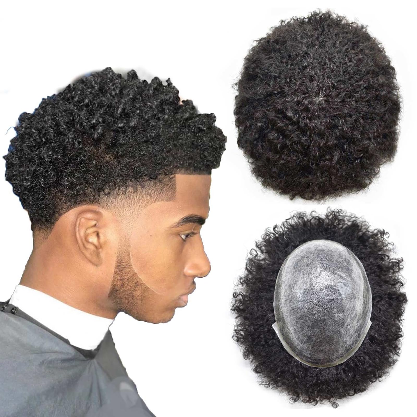 Men's Afro Toupee Hair Replacement System for Black Men - 1B# Natural Black 8mm Afro Wavy Hairpiece | African American Hair Weave Units for Men | Perfect for Daily Wear, Special Occasions & Hair Loss Solutions