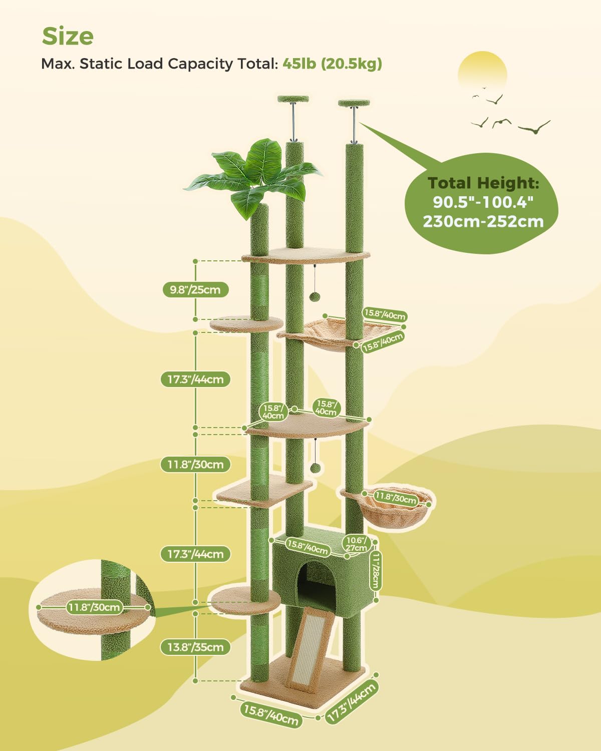 PAWZ Road 7.5ft Adjustable Cat Tree with Hammock, Condo & Toys - Multi-Level Cat Tower with Scratching Posts for Indoor Cats - Perfect for Small Spaces & Multi-Cat Homes (Green)