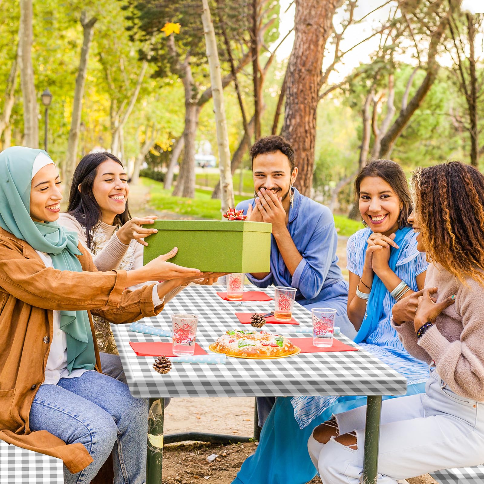 3-Piece Vinyl Picnic Table Cover Set with Flannel Backing - Fits 6ft Tables (30 x 72 Inches) - Includes Bench Covers - Waterproof & Durable for Outdoor Camping, Backyard BBQs, and Picnics (Gray Checked Pattern)
