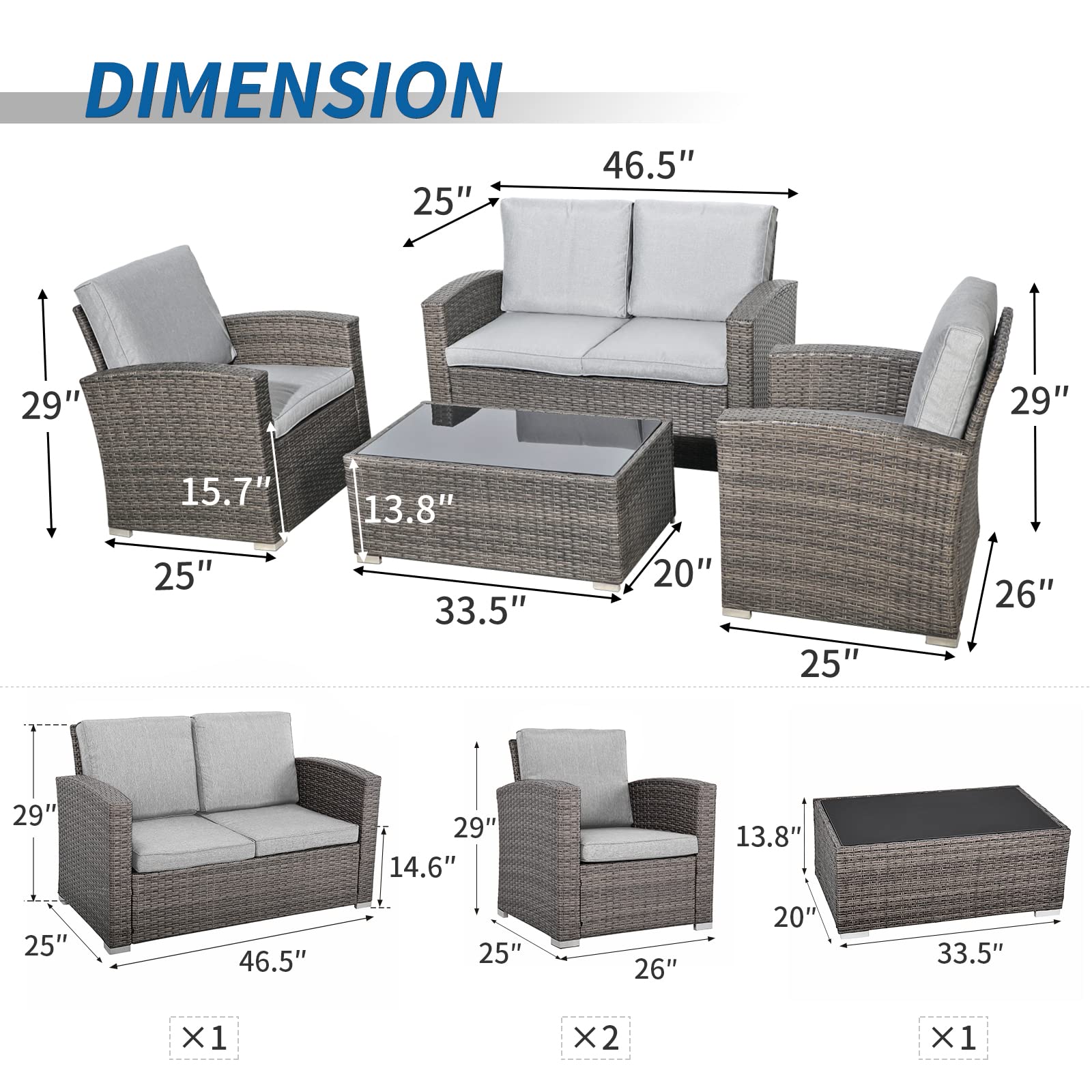 Verano Garden 4-Piece All-Weather Rattan Patio Set with Thick Cushions & Tempered Glass Table - Dark Gray (Light Gray) - Perfect for Outdoor Living, Backyard, Porch & Garden Relaxation