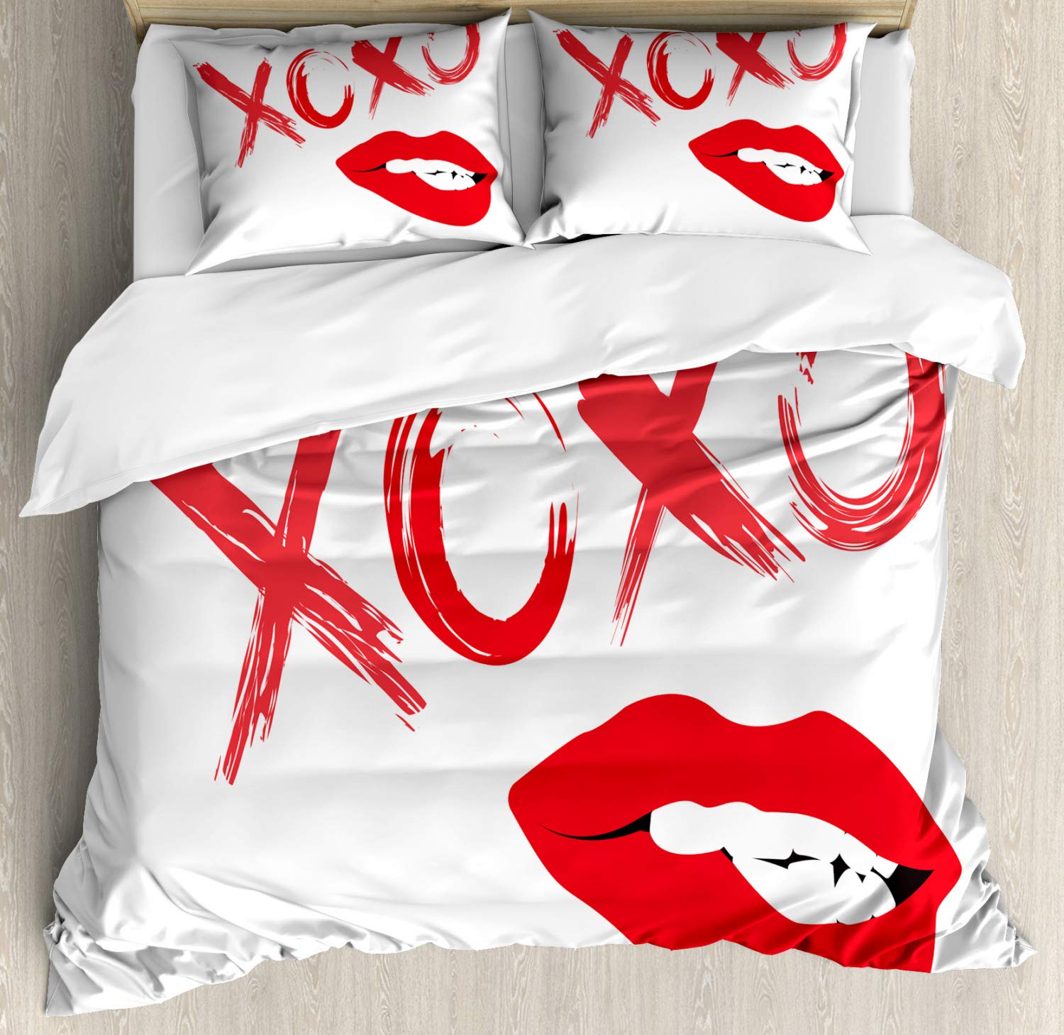 Ambesonne XOXO Queen Size Duvet Cover Set - 3 Piece Bedding with 2 Pillow Shams, Dark Coral Vermilion | Lipsticked Woman Biting Lips Feminine Fantasy Design | Perfect for Master Bedroom, Guest Room & Boho Chic Home Decor