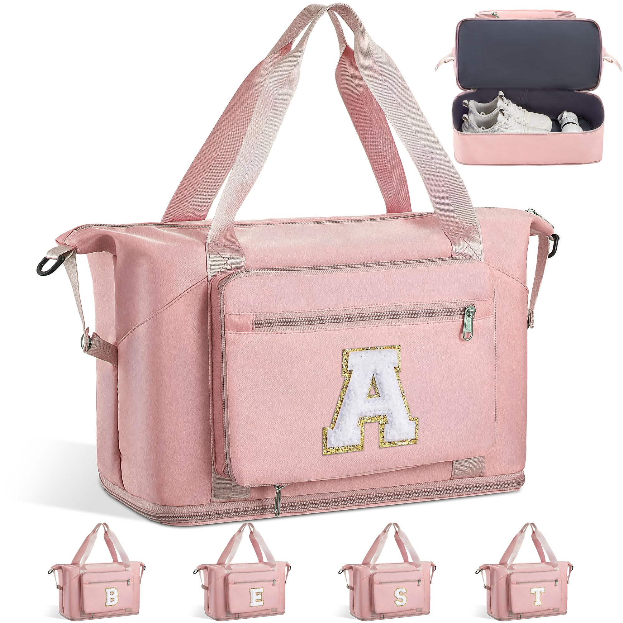 Personalized Initial Duffle Bag for Women - Pink Travel Duffel Bag with Shoe Compartment, Gym & Overnight Bag, Perfect for Weekend Getaways, Hospital Visits & Carry-On Luggage | Great Gift for Women & Girls