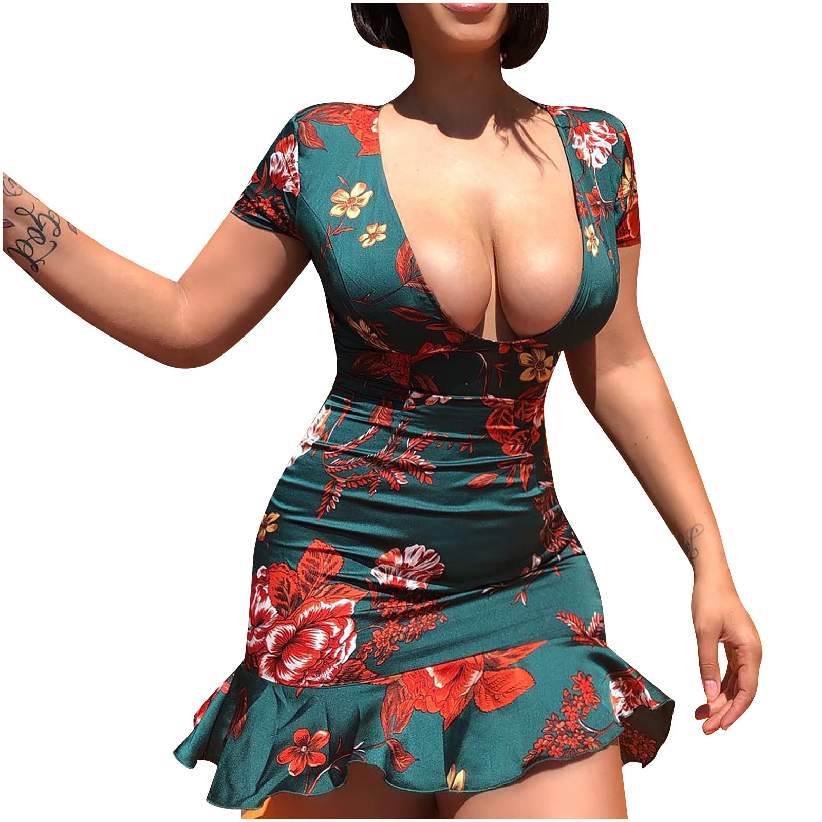 Sexy Backless Bodycon Dress for Women - Ruffle Bandage Mini Dress with Floral Print | Perfect for Summer Parties, Date Nights & Casual Outings