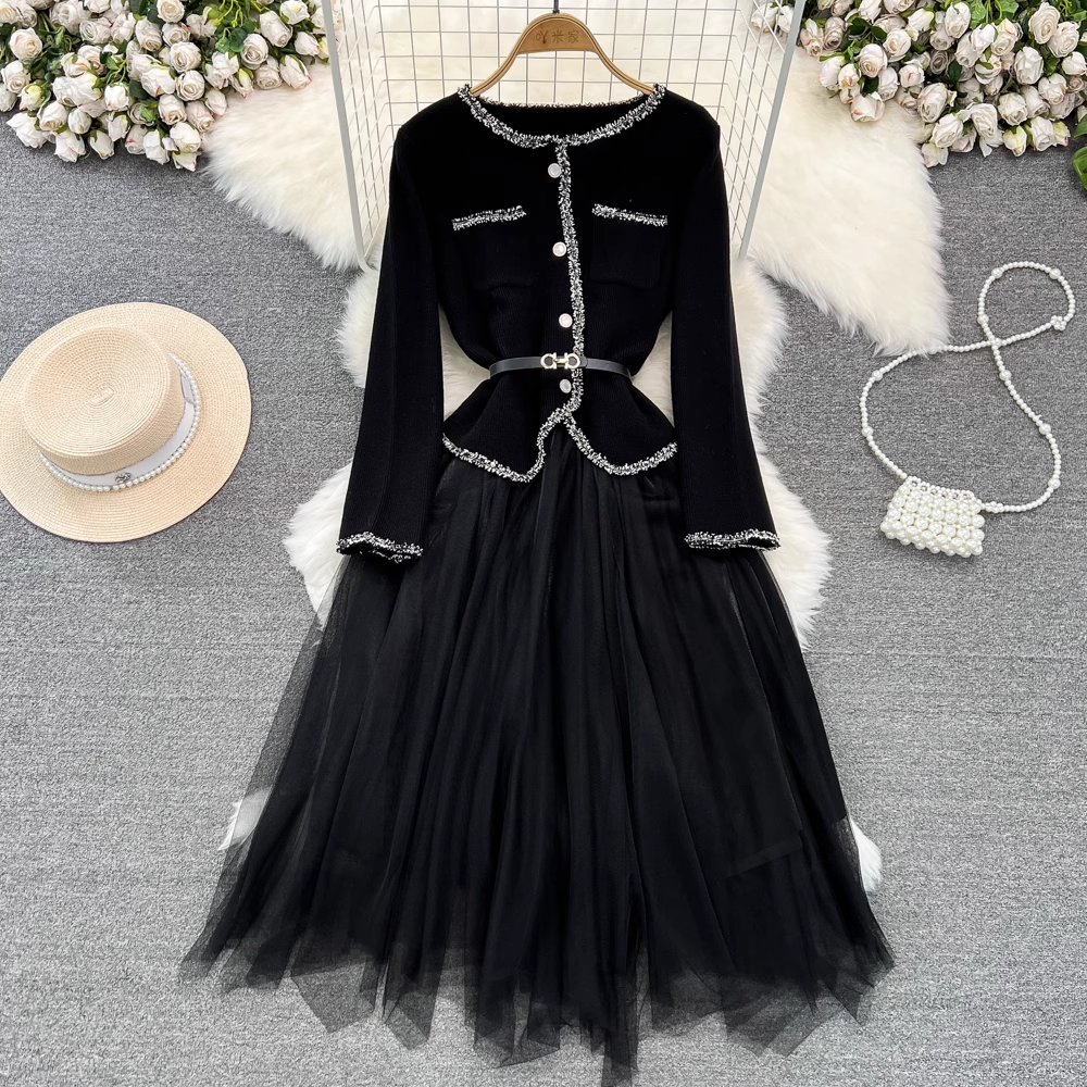 Vintage Long Sleeve Round Neck Mesh Knit A-Line Dress for Women - Fall Winter Retro Style Outfit 1352 | Perfect for Holiday Parties, Date Nights & Office Wear