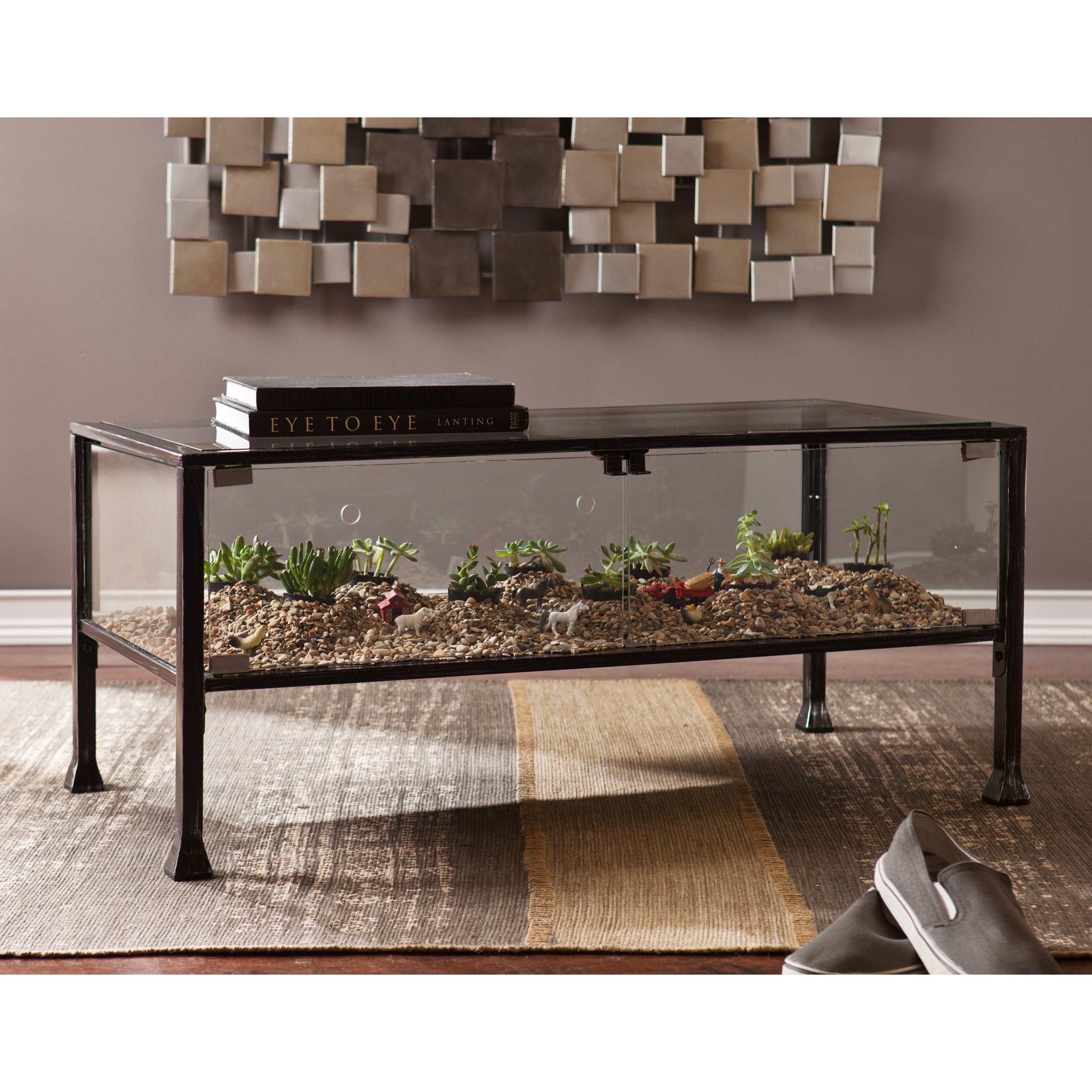Metal Terrarium Coffee Table - Black/Silver Distressed for Living Room Decor