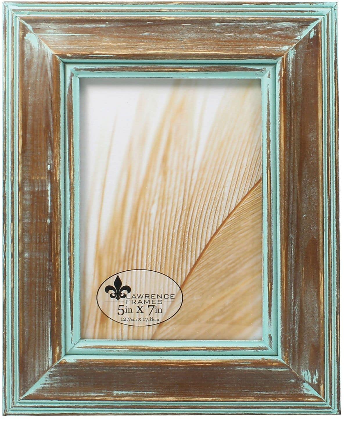 5x7 Weathered Wood Picture Frame with Verdigris Wash - Rustic Brown Distressed Photo Frame for Wall Display, Tabletop Decor, Home Office & Farmhouse Style Interiors
