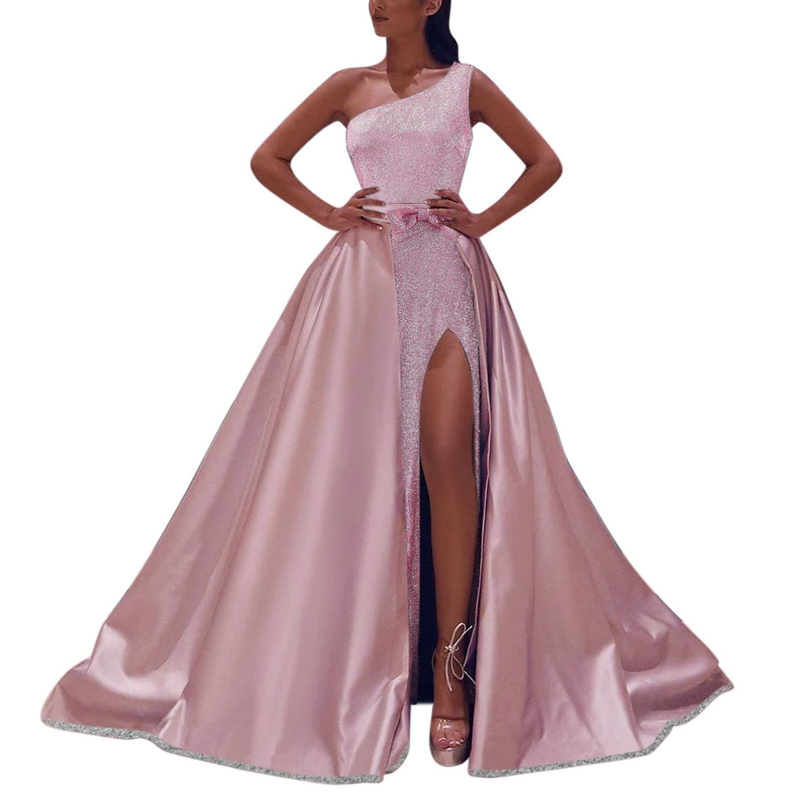 Elegant Women's One Shoulder Maxi Dress - Blushing Pink Sleeveless Formal Party Gown with Side Slit & Patchwork Design | Perfect for Weddings, Cocktail Parties & Evening Events