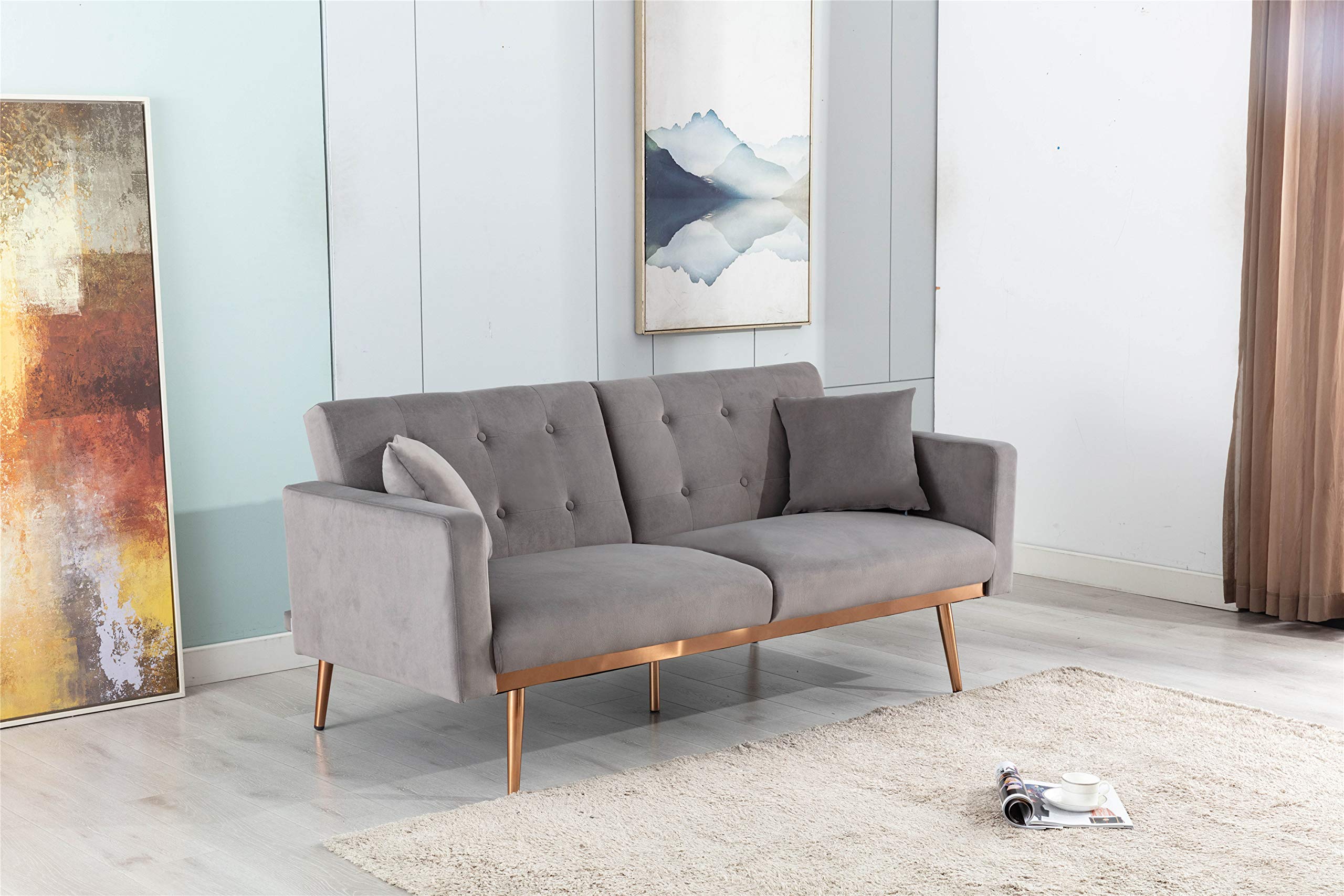 Velvet Mini Sofa with Rose Gold Metal Feet - Modern Folding Couch & Loveseat Sofa Bed for Small Spaces, Living Room, Apartment, Dorm (Gray) | Compact Accent Sofa for Home Decor & Guest Seating