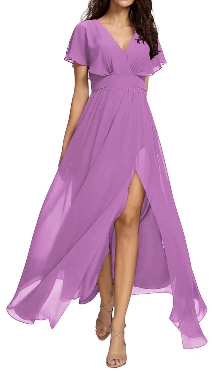 Yadressy Women's Long Sleeve Chiffon Maxi Dress with Ruffle & High Slit - A-Line Formal Evening Gown for Bridesmaid, Prom, Wedding Party & Special Occasions