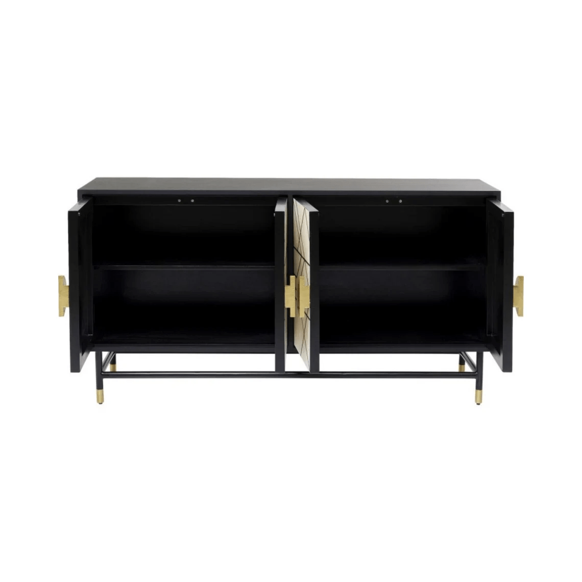 Handmade Bone Inlay Wooden Buffet Cabinet with 4 Doors - Black Finish Metal Legs for Dining Room Storage & Living Room Decor