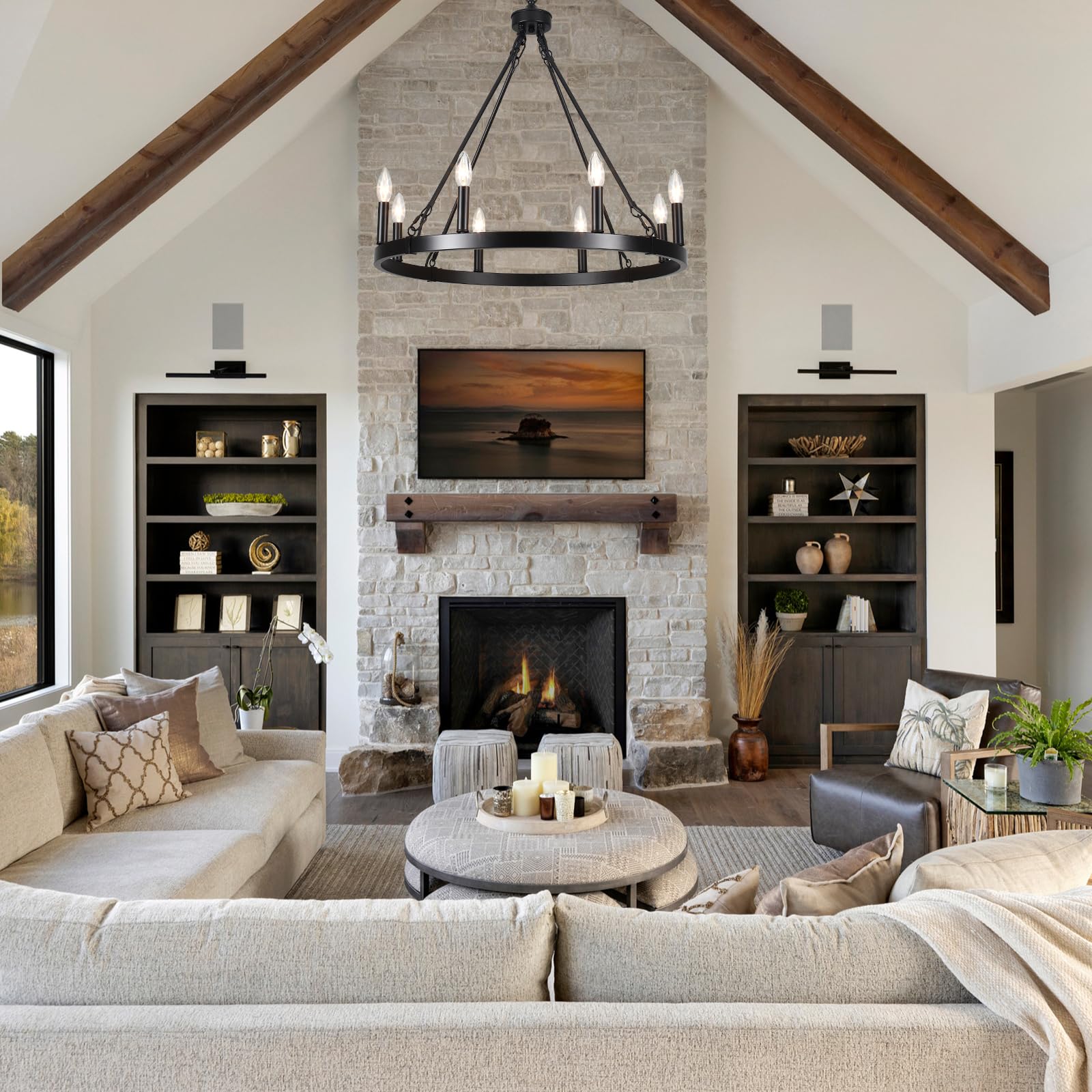 Black Wagon Wheel Chandelier - 8-Light Industrial Pendant Lighting Fixture for Dining Room, Living Room, Foyer & Entryway | Rustic Farmhouse Decor for Home & Restaurant
