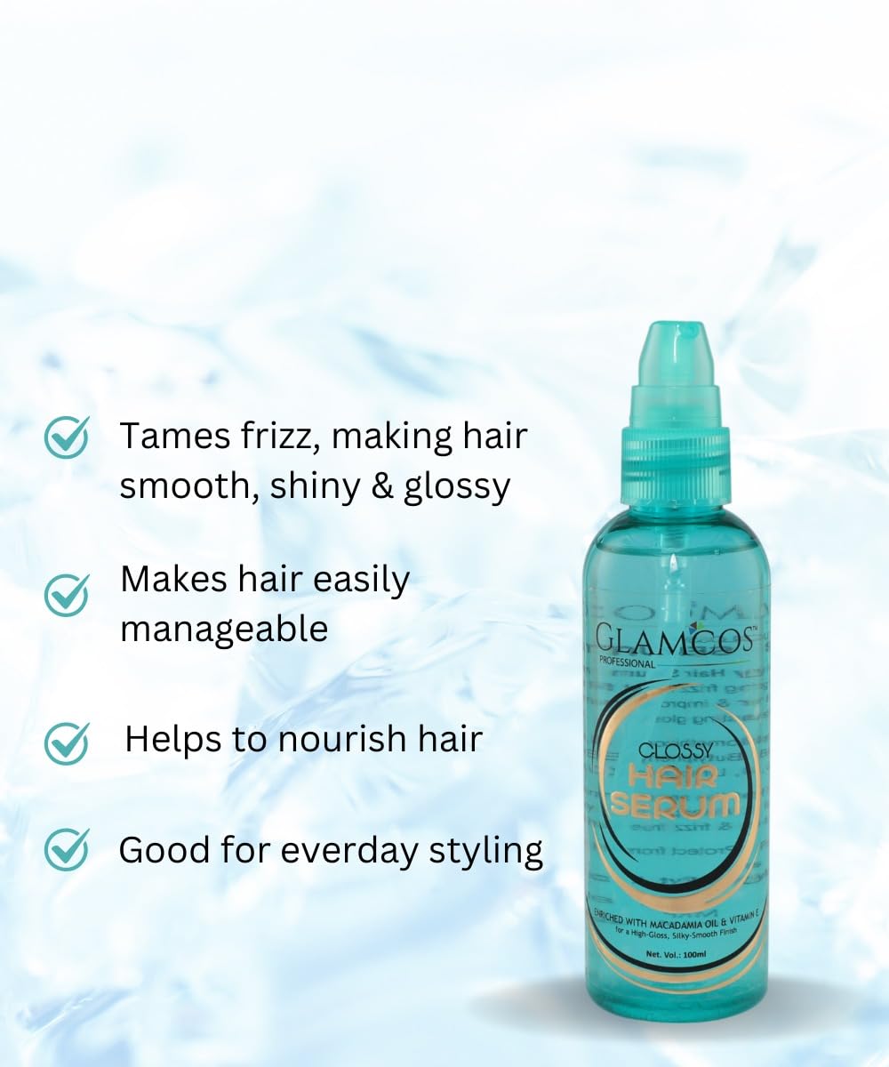 GLAMCOS Hair Serum for Women & Men - Frizz Control, Smooth & Shiny Hair Treatment with Argan Oil & Vitamin E - 100ml - Perfect for Daily Styling, Heat Protection & Damaged Hair Repair