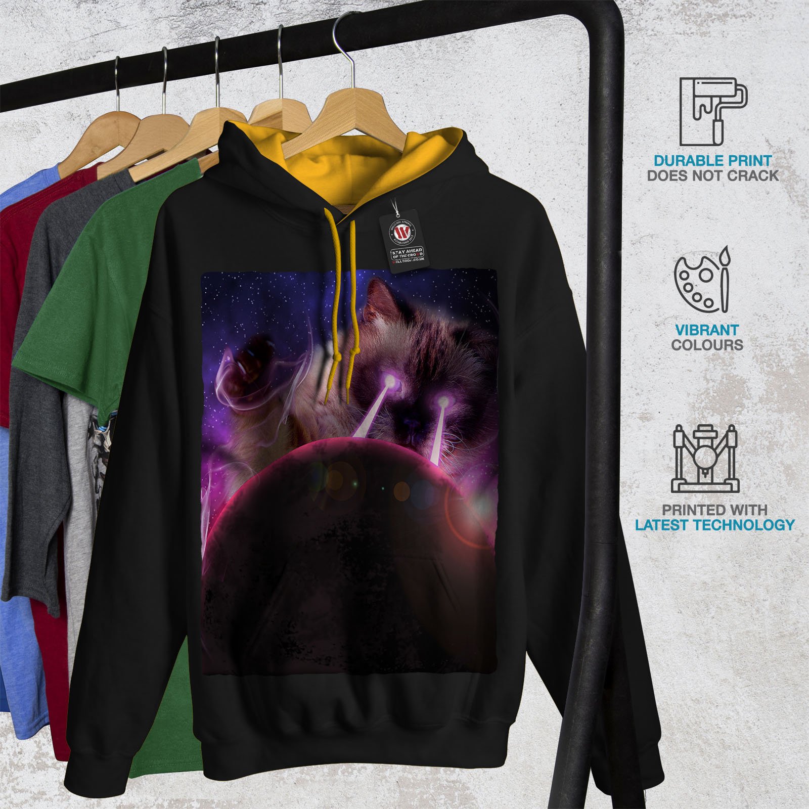 Wellcoda Space Cat Laser Eye Men's Contrast Hoodie - Funny Graphic Hooded Sweatshirt for Casual Wear, Street Style & Gifts