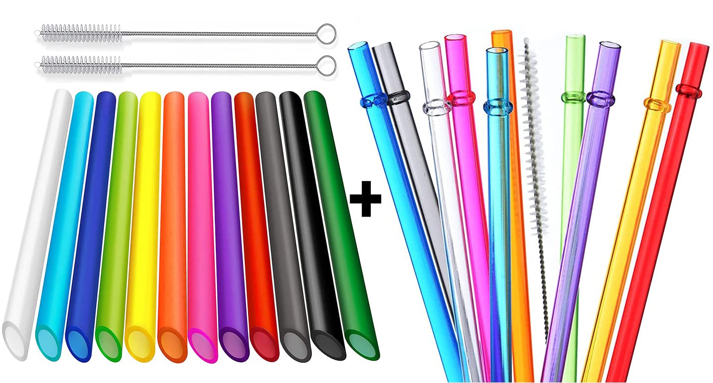 ALINK 10 Pack Reusable Stainless Steel Straws + 12 Pack Bubble Tea Straws - Eco-Friendly Metal Drinking Straws for Smoothies, Iced Coffee & Juice at Home, Office or Travel