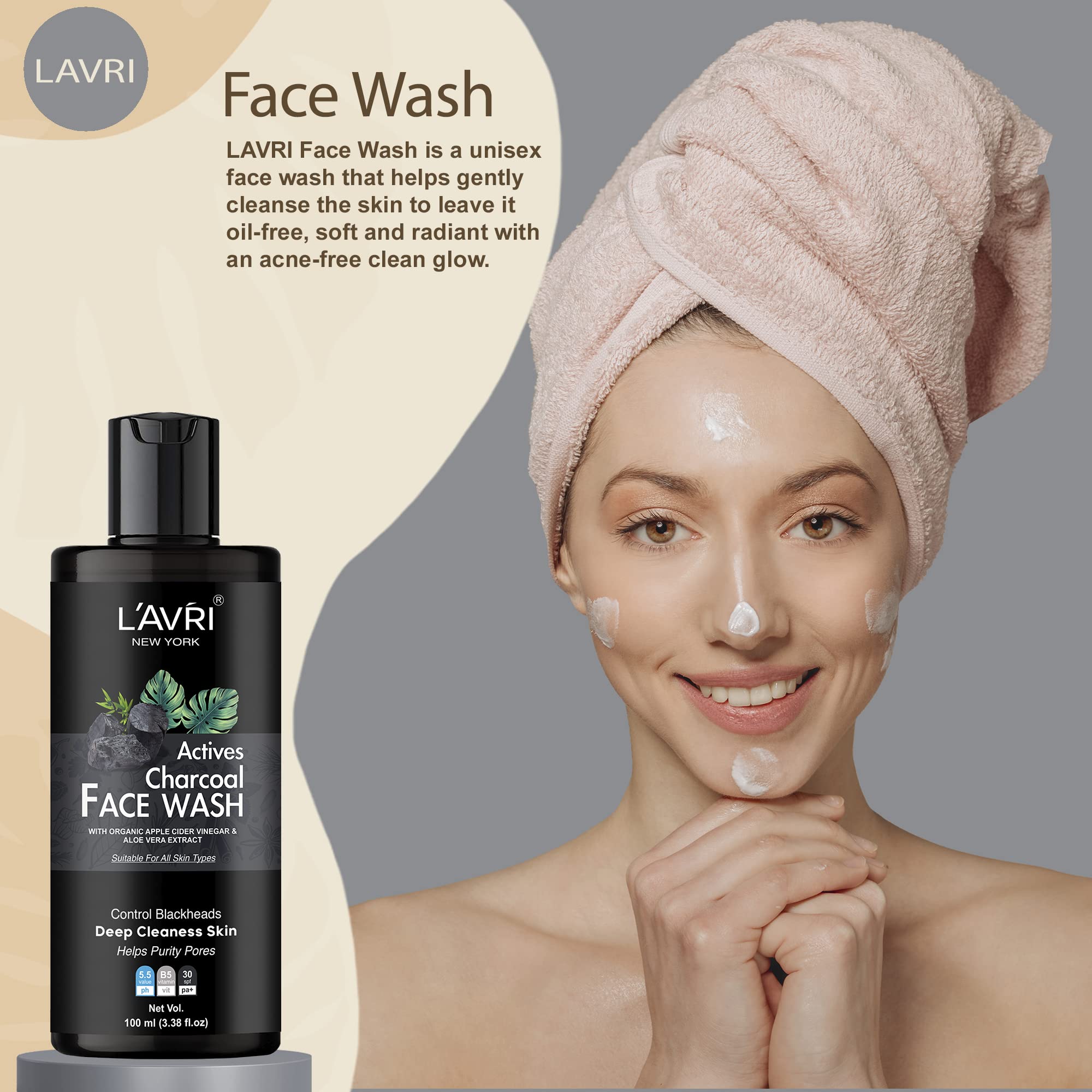 LAVRI Charcoal Face Wash 100ml - Deep Cleansing & Pore Minimizing Facial Cleanser for Oily, Dry & Sensitive Skin | Vegan & Cruelty-Free | Perfect for Daily Skincare Routine & Acne-Prone Skin
