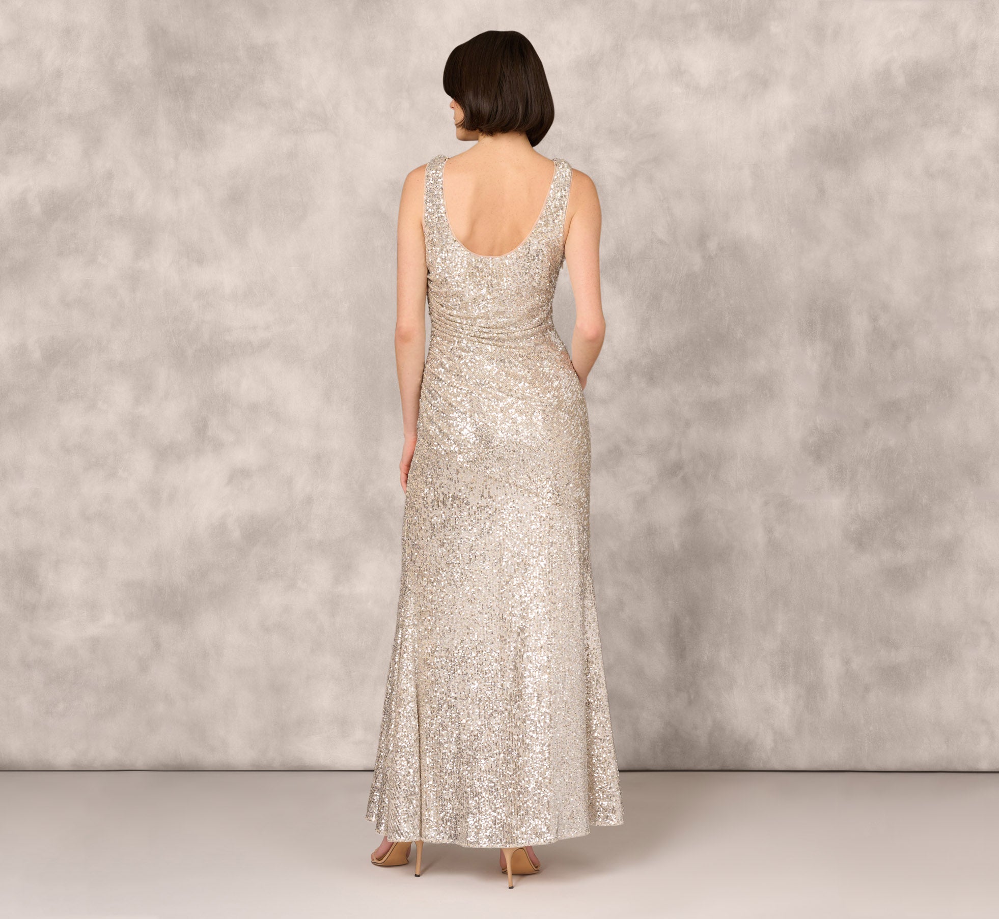 Elegant Stretch Sequin Sleeveless Cowl Neck Gown with Gathered Details in Champagne Silver - Perfect for Evening Parties, Prom Dresses, and Special Occasions