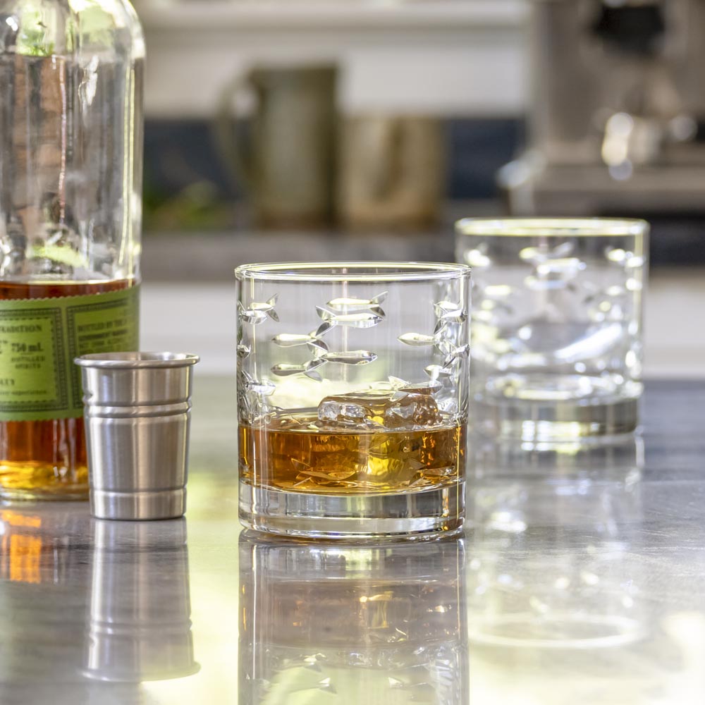 Premium 10oz Whiskey Glasses Set of 4 - School of Fish Design - Perfect for Scotch, Bourbon & Cocktails - Ideal for Home Bars, Gifts & Entertaining