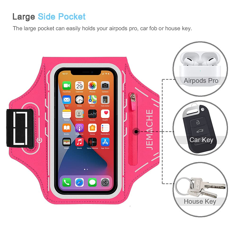 JEMACHE Running Armband for iPhone 16 15 14 13 12 Pro & Samsung Galaxy S25 S24 S23 S22 S21 - Adjustable Workout Armband with Earphone Holder & Sweatproof Design (Rosy Pink) - Perfect for Jogging, Gym Workouts & Outdoor Activities