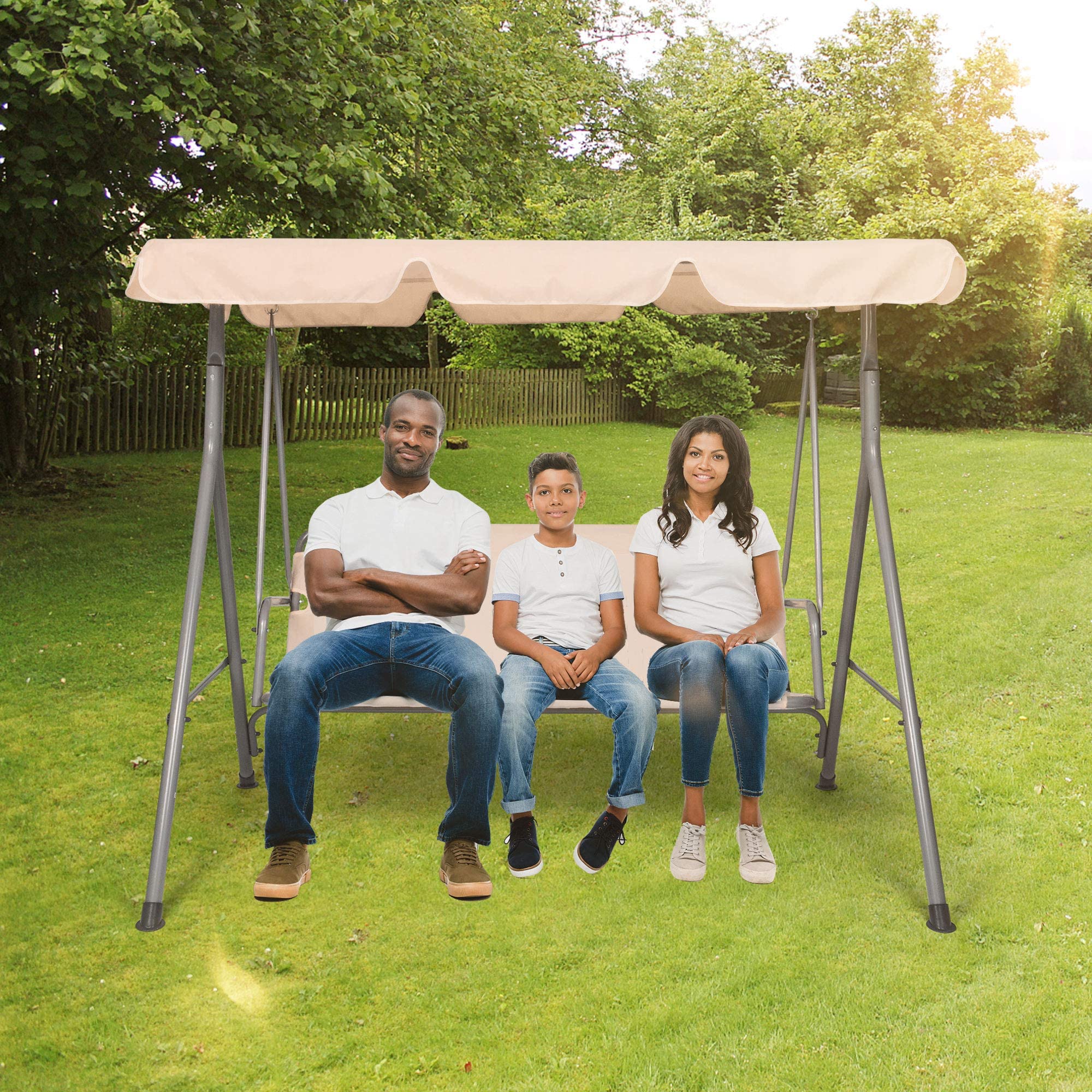 3-Person Outdoor Swing Chair with Adjustable Canopy - Heavy Duty Hammock Seats for Patio, Porch, Garden - Beige - Perfect for Relaxing, Lounging & Backyard Gatherings