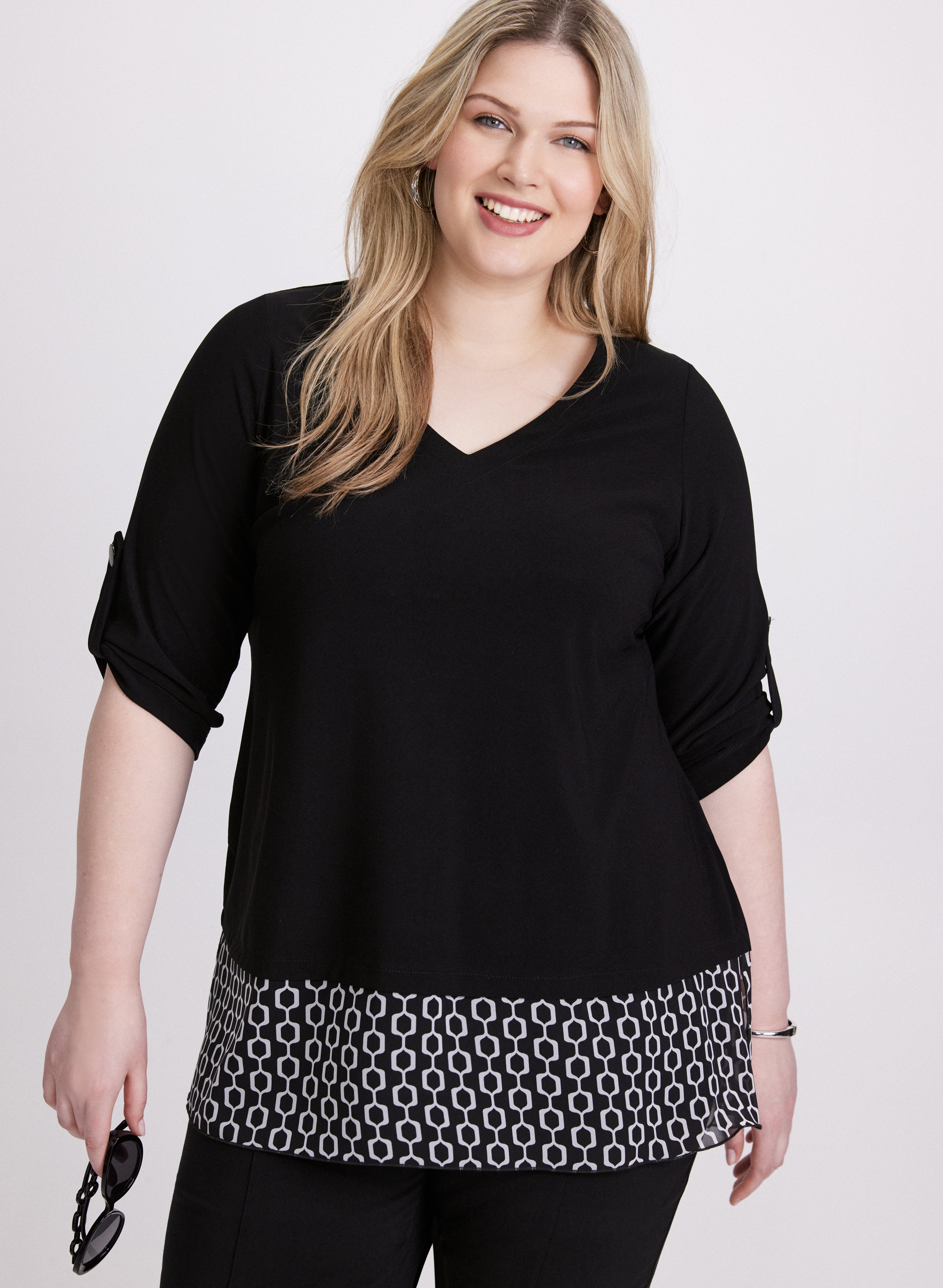 3/4 Sleeve Crepe Blouse for Women - Flowy Casual Tops with V-Neck & Ruffle Detail - Perfect for Office Wear, Date Night & Spring Outfits