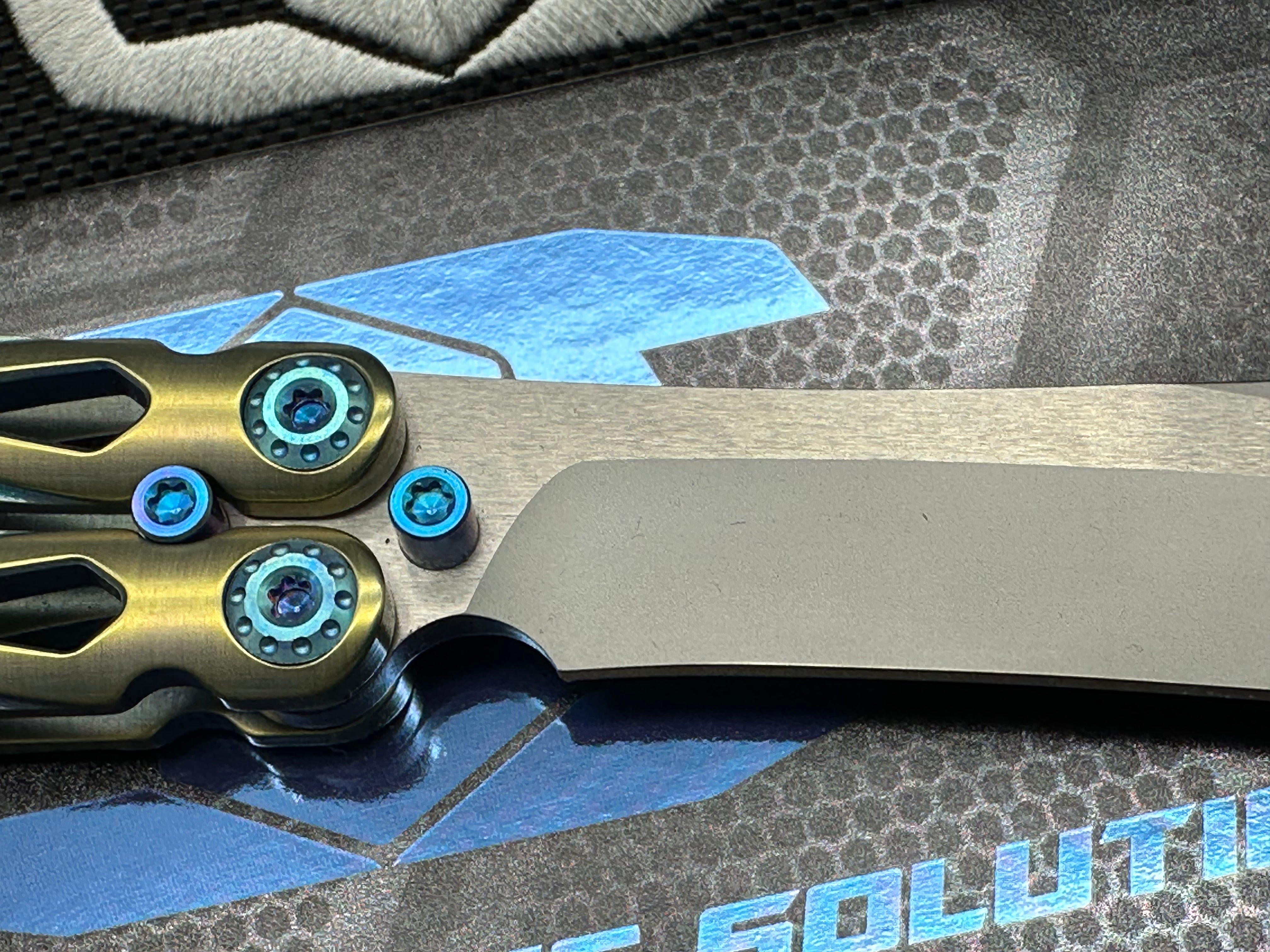 Premium EOS Villian Balisong Butterfly Knife - Gold Titanium Handles, Blue Latch Hardware, Recurve Tanto Blade in Sasha Satin CPM S30V Steel | Perfect for Collectors, EDC Carry & Tactical Enthusiasts