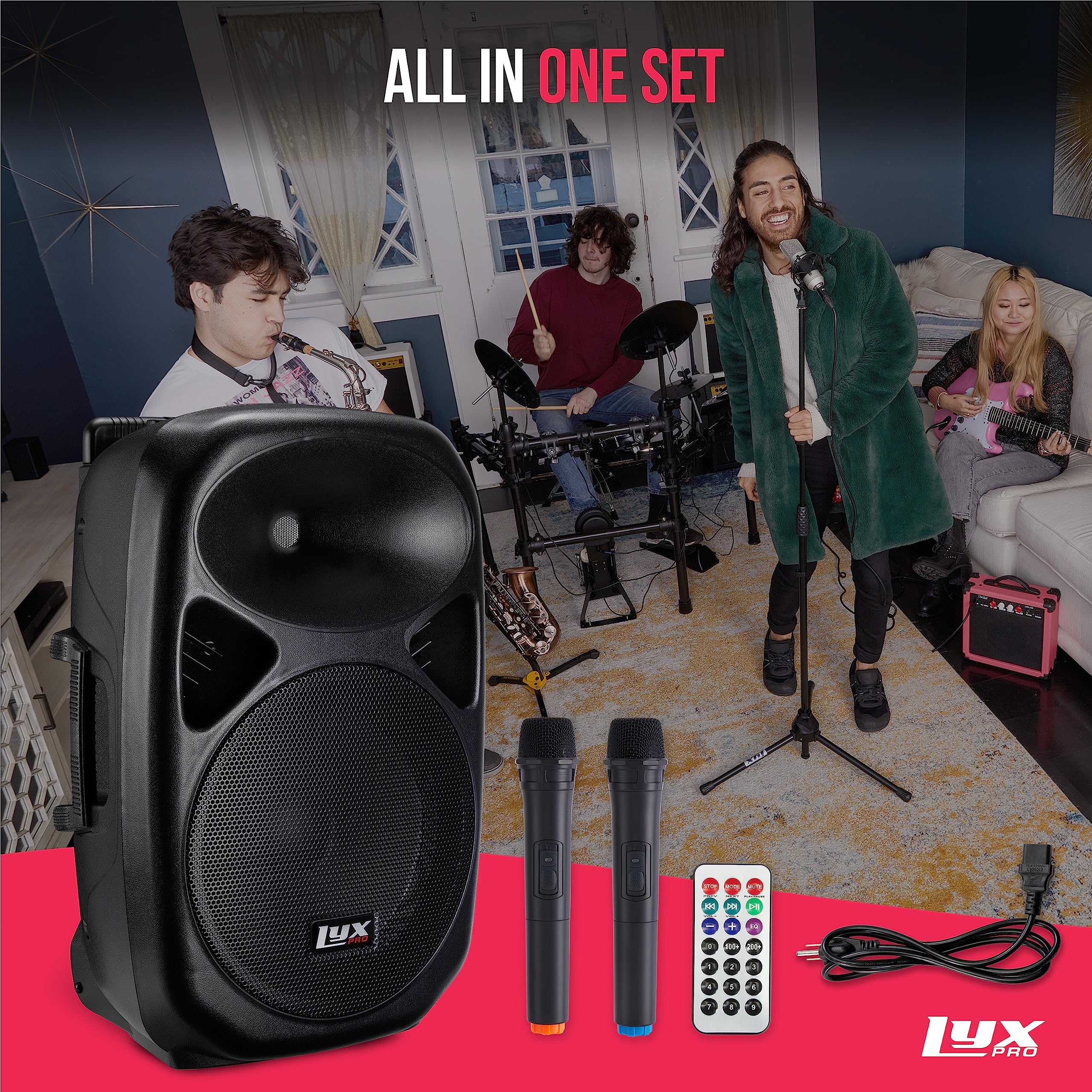 LyxPro 12 Inch Active PA Rechargeable Battery Speaker System with Bluetooth, MP3, USB, SD Card Slot - Portable Foldable Handle & Wheels for Outdoor Events, Parties, DJ Performances