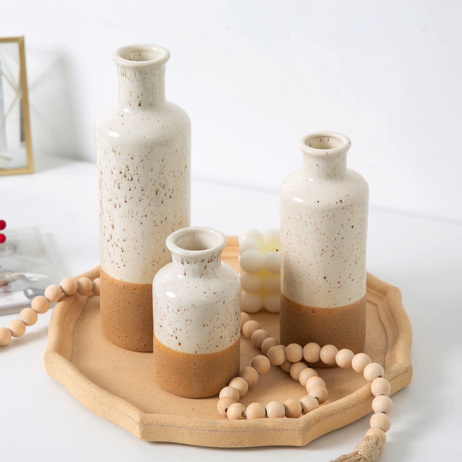 Boho Ceramic Vase Set - 3pcs White & Brown Table Decor for Living Room